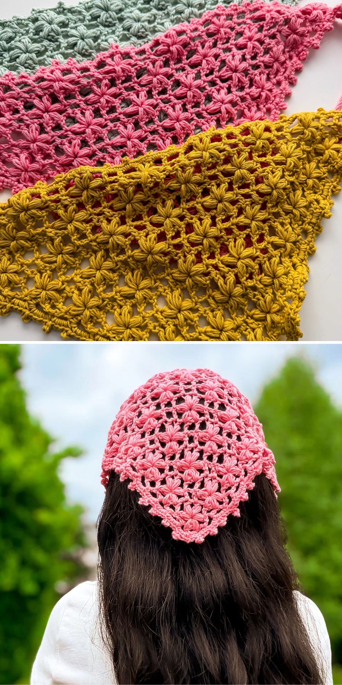 Three crocheted triangle shawls in pink, yellow, and green are shown; the pink shawl is worn on the head of a person with long dark hair, viewed from behind.