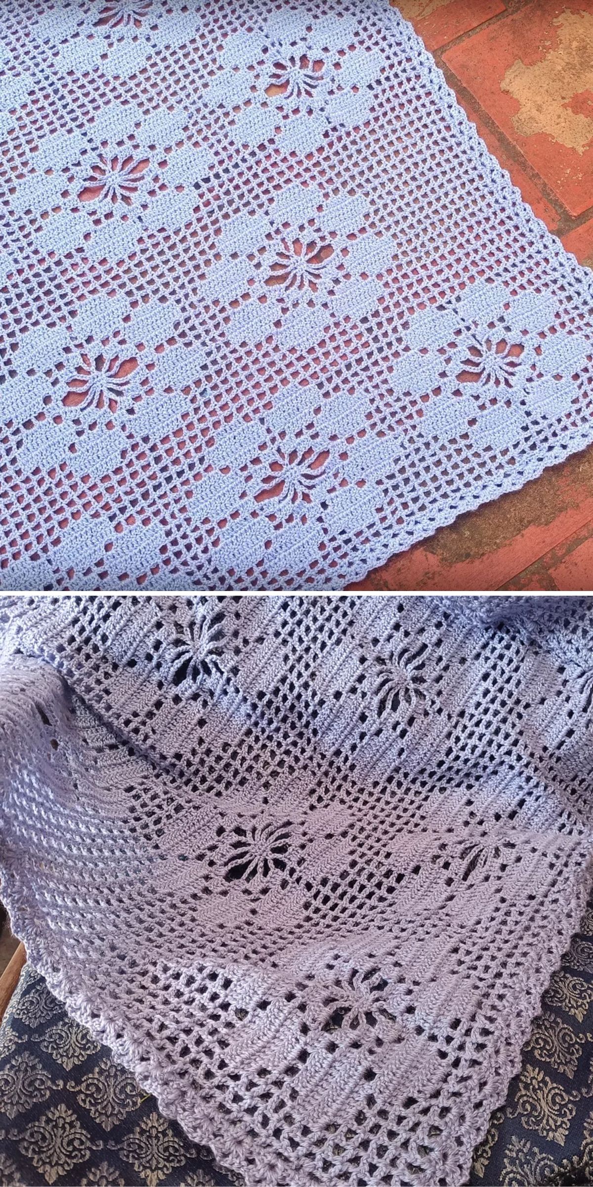 A lavender crocheted blanket with floral and openwork square patterns, shown laid flat on a brick surface and draped over a patterned cushion.