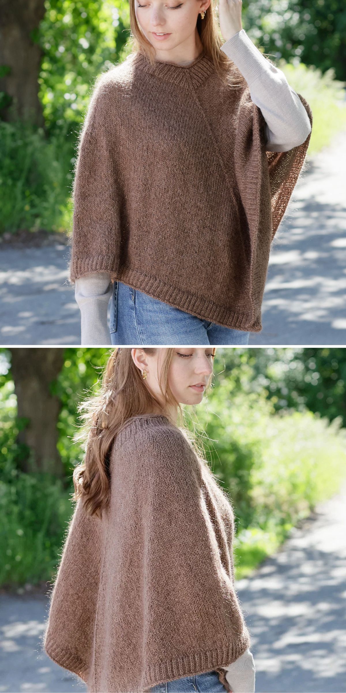 A woman wears a loose-fitting brown knitted poncho over a light long-sleeve shirt and jeans, shown from the front and side outdoors.