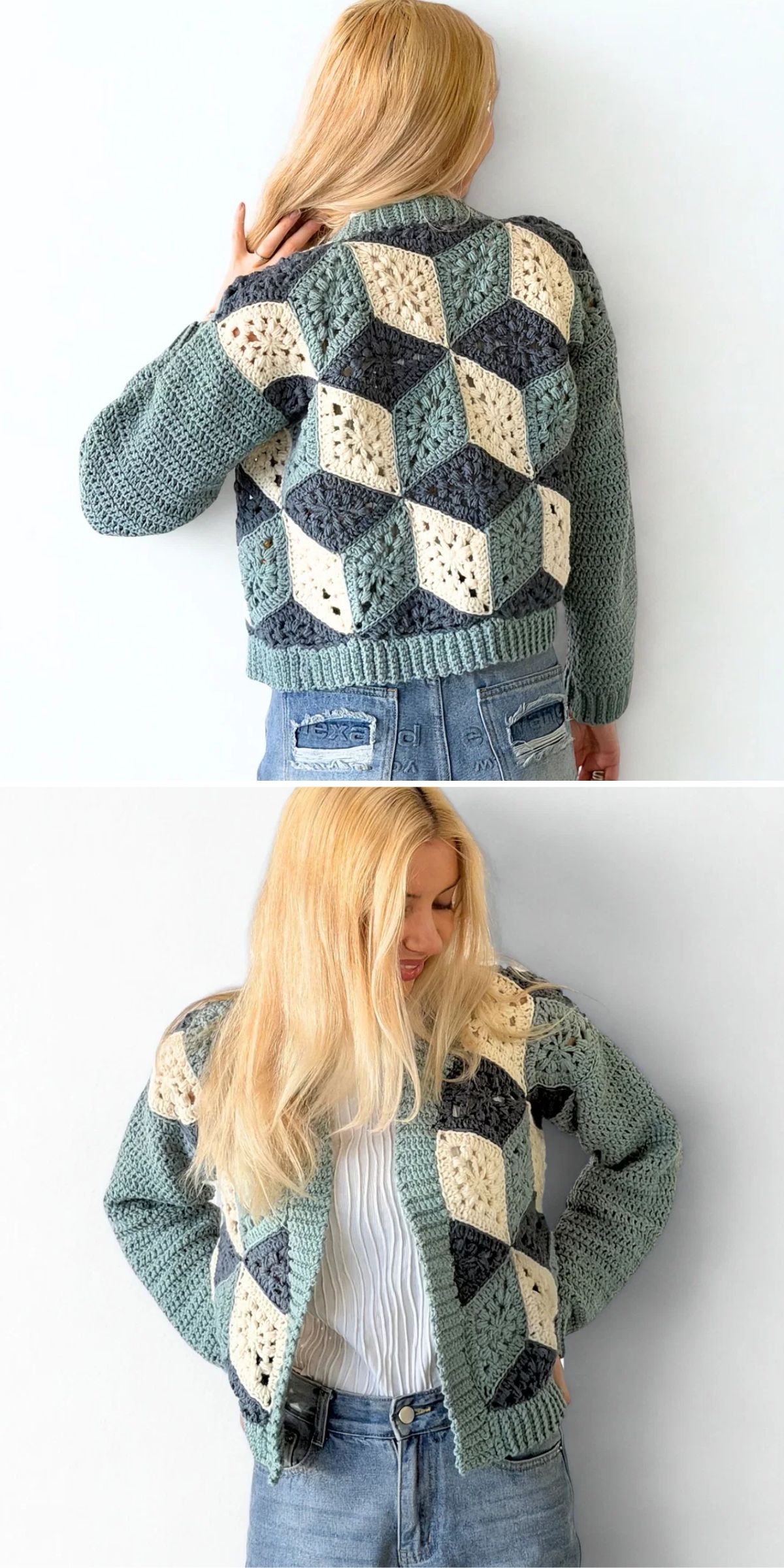 A person wearing a crocheted cardigan with a geometric diamond pattern in blue, cream, and gray, shown from the back and front.