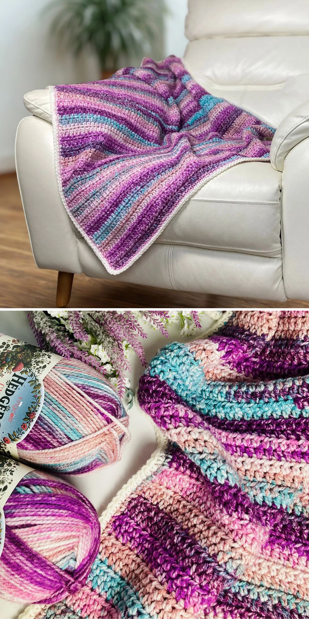 A multicolored crocheted blanket with purple, pink, blue, and white stripes is draped over a white armchair, with matching yarn and blanket shown in close-up below.