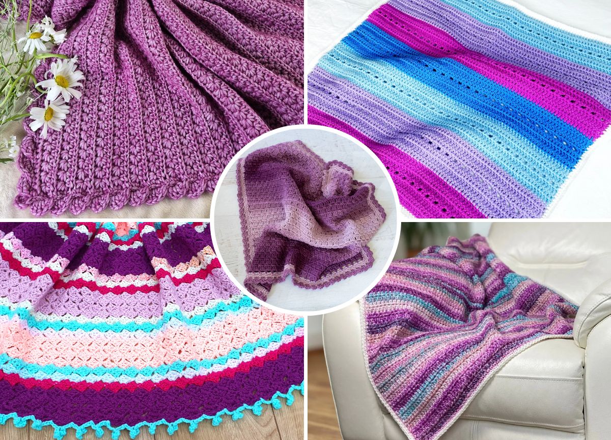 Five crocheted blankets in various purple, blue, and pink patterns; one is draped over a chair, others are displayed flat, and daisies are placed on one blanket.
