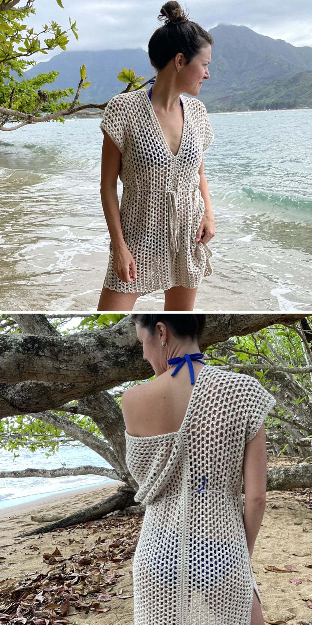 A woman stands on a tropical beach wearing a beige crochet cover-up over a blue swimsuit, facing forward in one image and showing her back in another. Trees, sand, and ocean are visible.