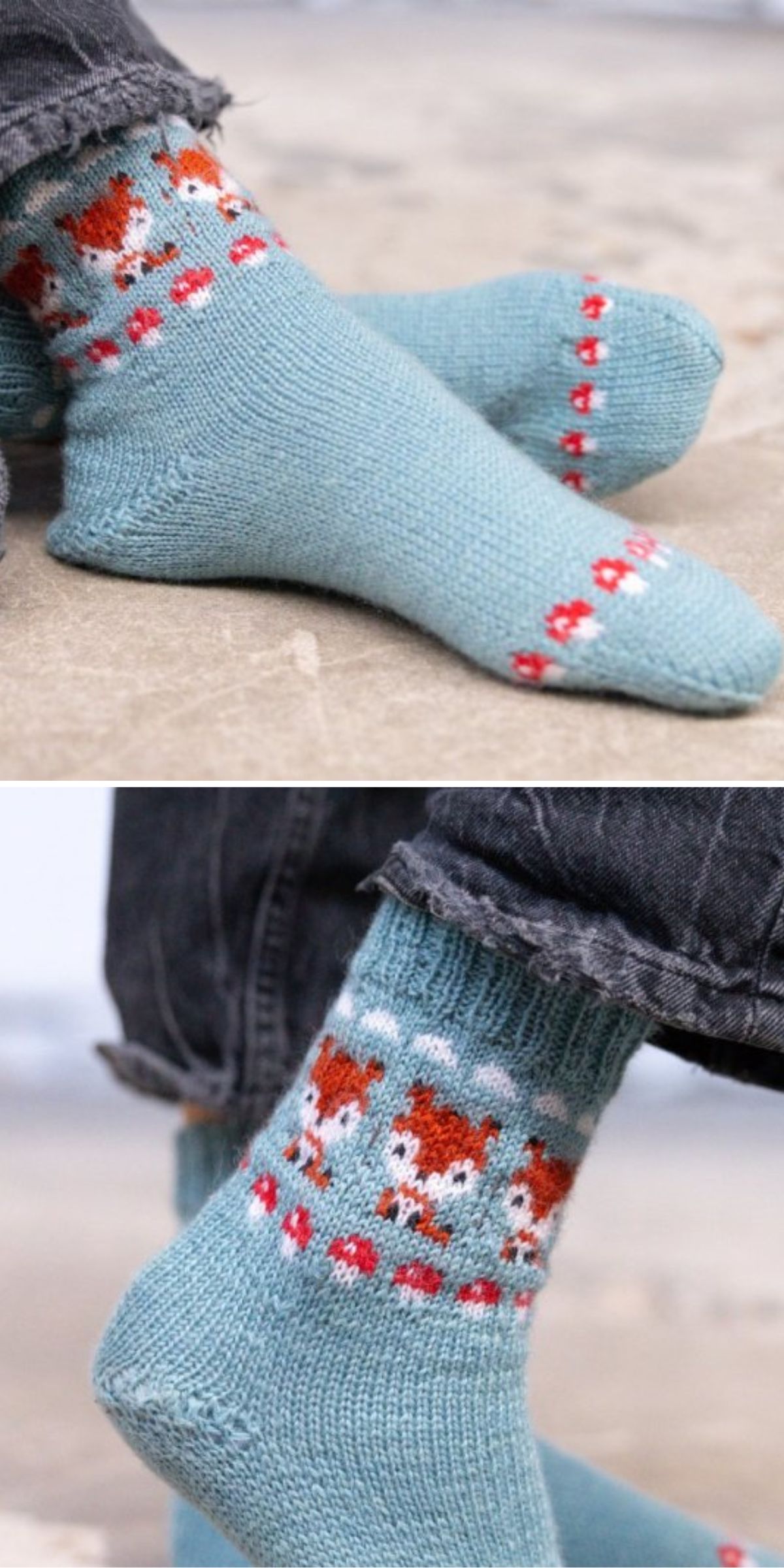 Two images show blue knit socks with a fox and mushroom pattern, worn by a person in frayed jeans.