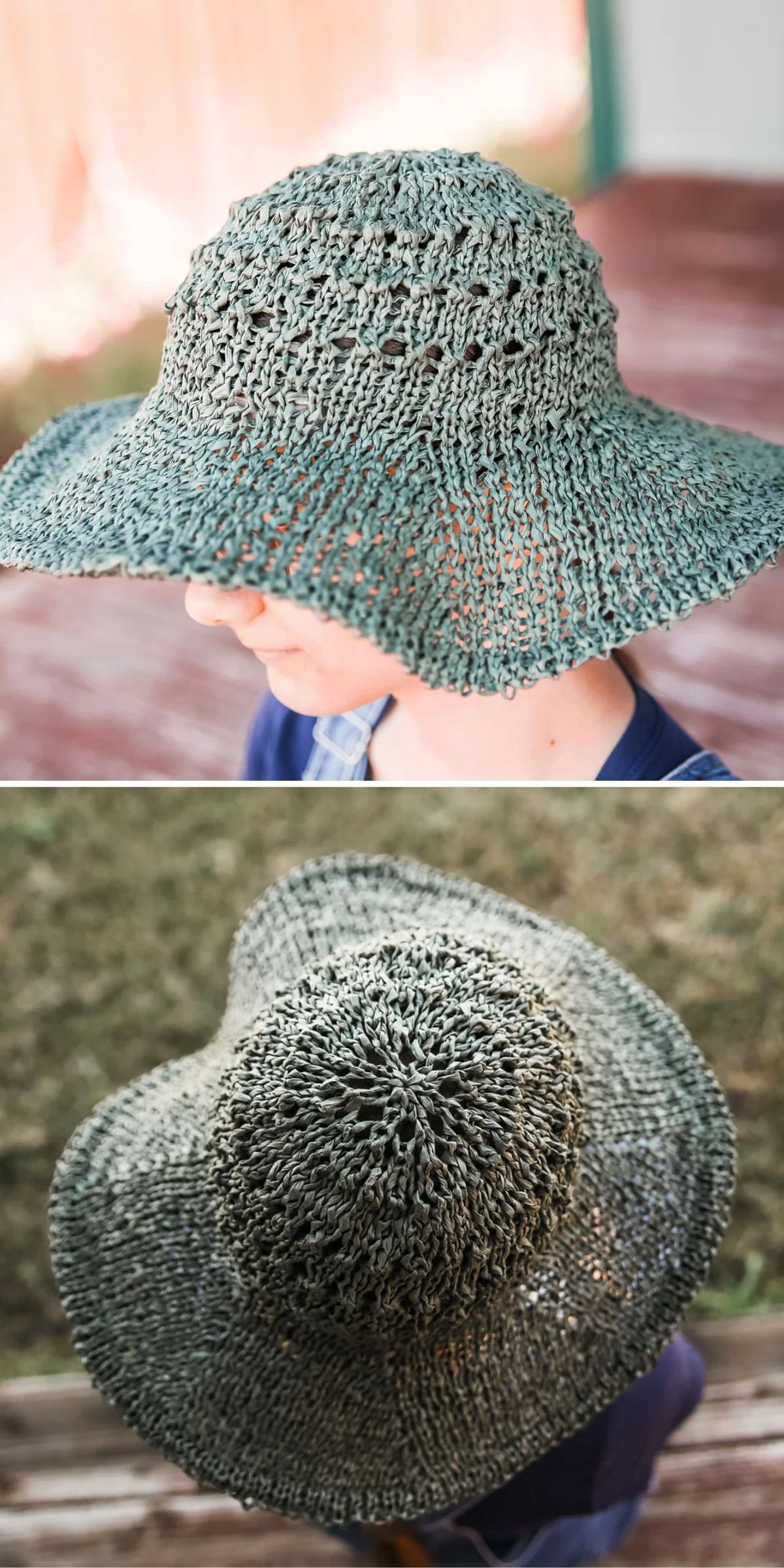 A person wearing a wide-brimmed, loosely woven green hat outdoors, shown from the side and top views.