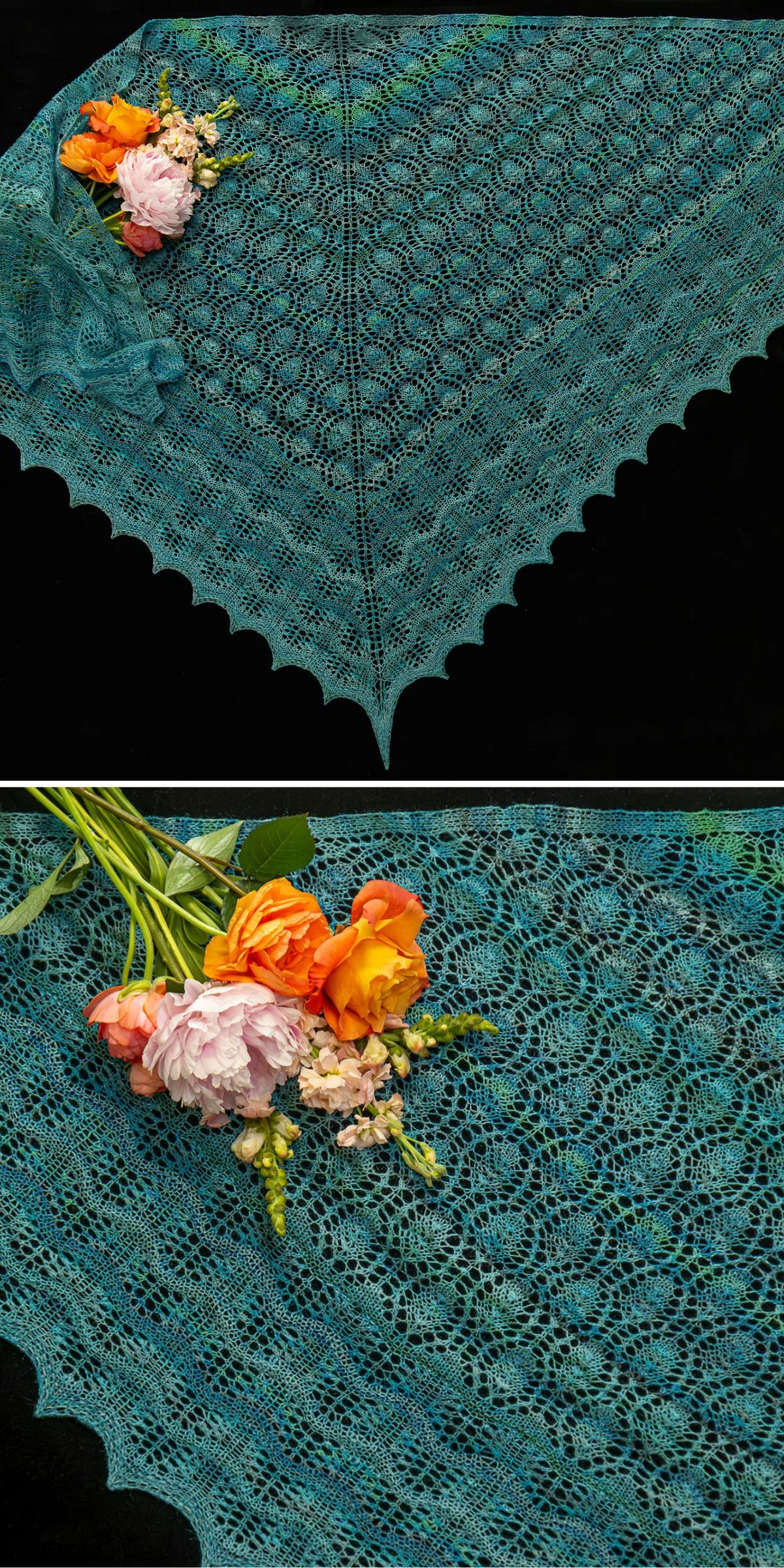 A teal lace-knit triangular shawl with a scalloped edge, displayed flat with a bouquet of orange and pink flowers placed on top.