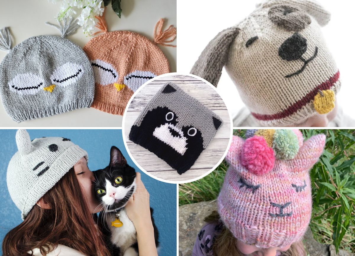 Collage of five knitted animal hats, including owl, dog, cat, unicorn, and an illustrated black-and-white animal face, worn by children and shown alone.