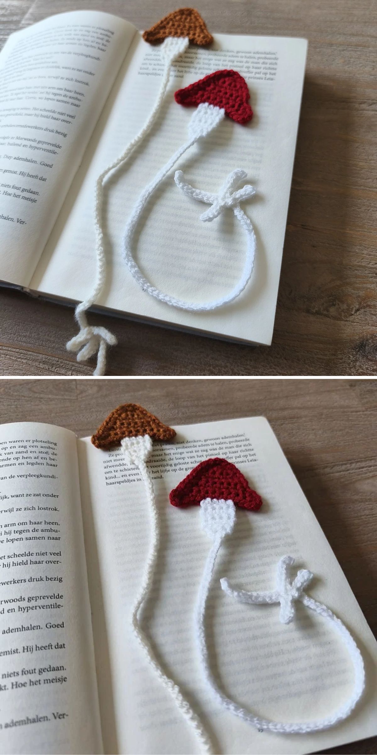 Two crocheted bookmarks with mushroom tops rest on the open pages of a book; stems are long and white, tied into loops at the end.