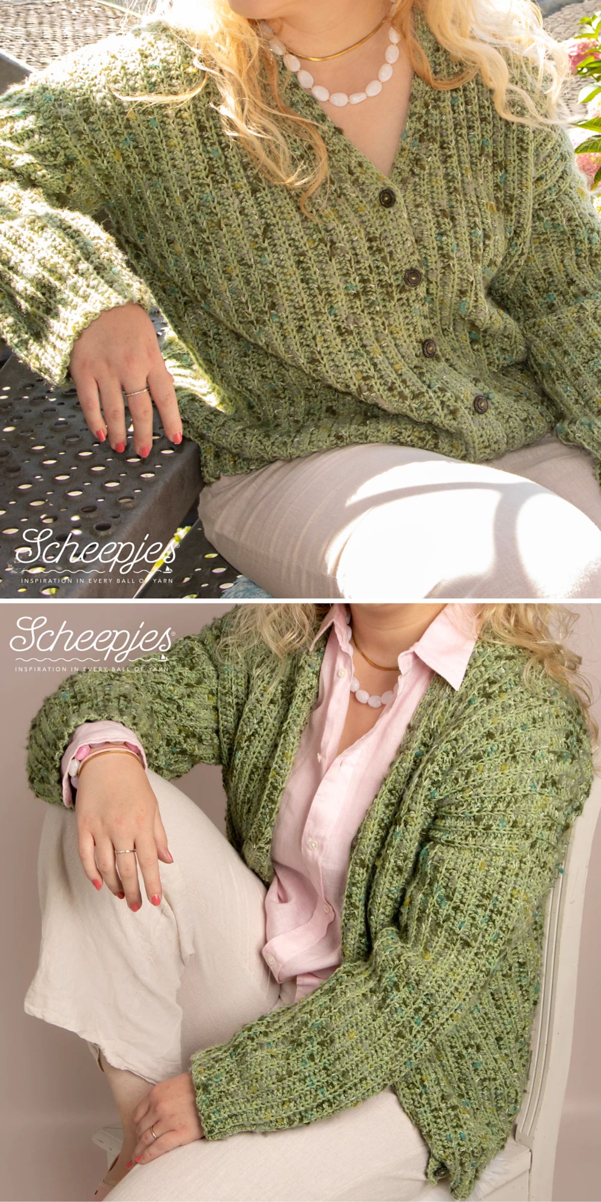A person wearing a textured green crochet cardigan, light pants, and a necklace, sitting casually in two different indoor settings.