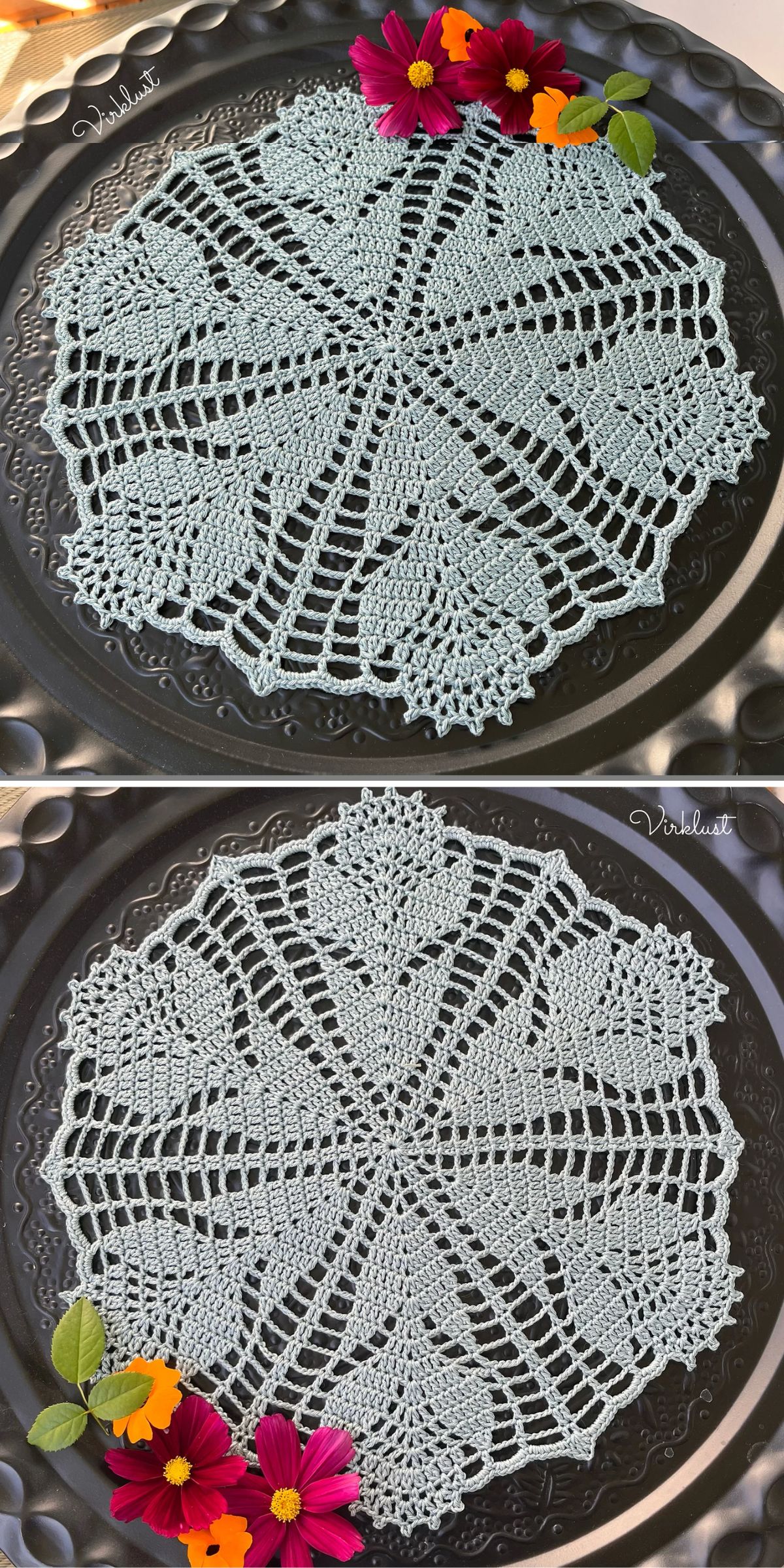 Two photos of a round, light blue crocheted doily on a dark tray, each decorated with colorful flowers in the upper left corner.