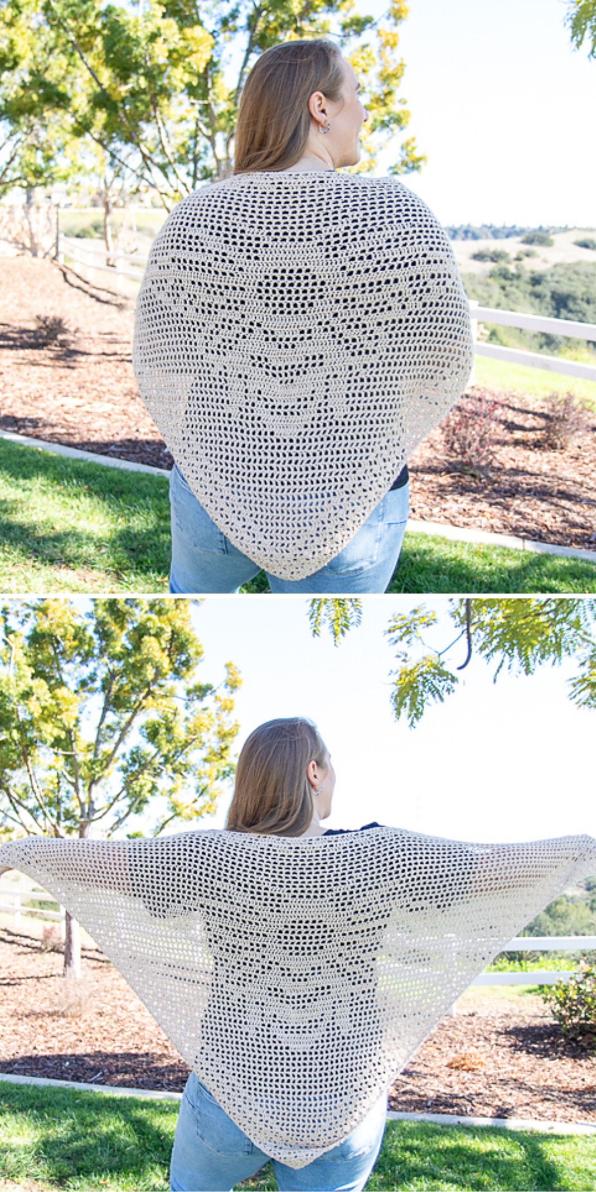 A person outdoors wears a large, light-colored triangular crochet shawl, shown from the back with arms down in the first image and spread wide in the second image.