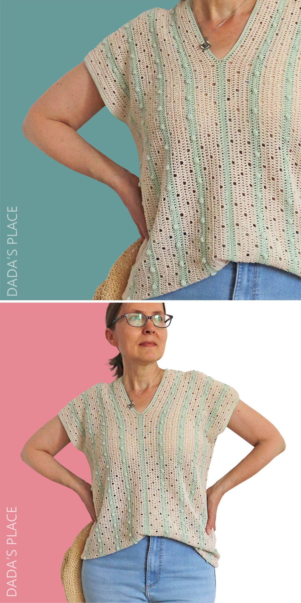 Person wearing a short-sleeve, striped crochet top with blue jeans, posing in front of teal and pink background. Text "DADA'S PLACE" is visible vertically on the left side of both images.