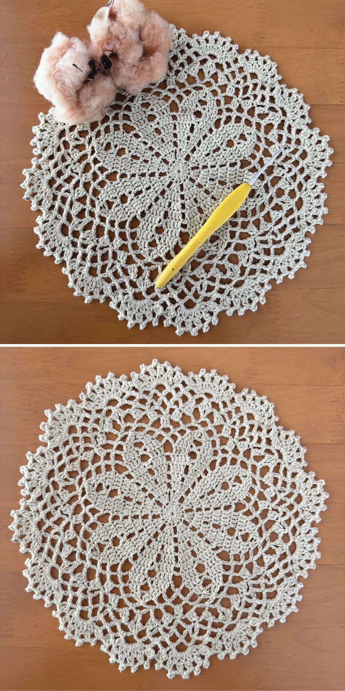 Two photos show a round, crocheted doily with a cotton flower and yellow crochet hook on a wooden surface in the top image, and just the finished doily in the bottom image.