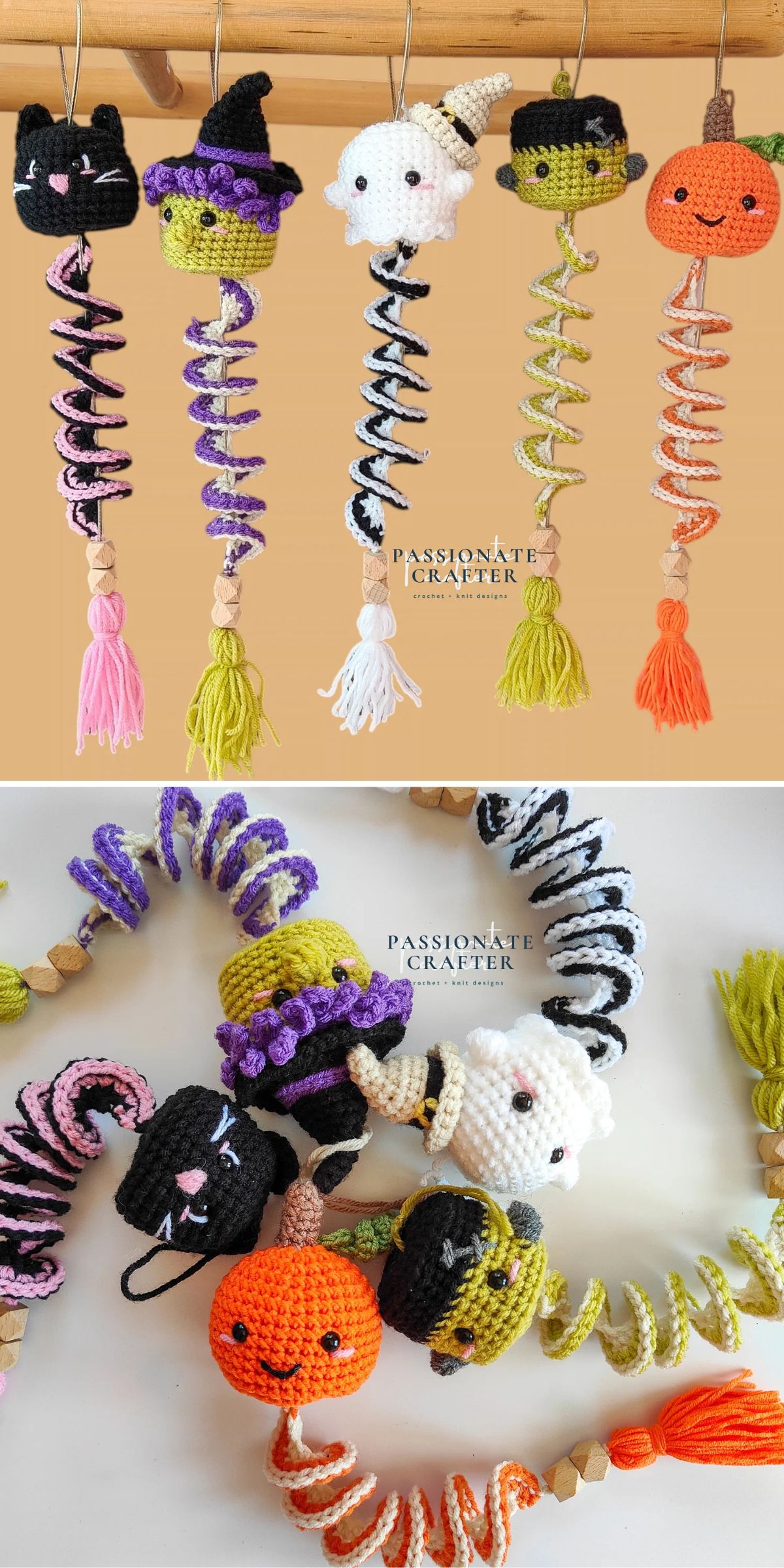 Crocheted spiral cat, witch, ghost, and pumpkin Halloween decorations hang in a row and are also shown lying together on a surface.