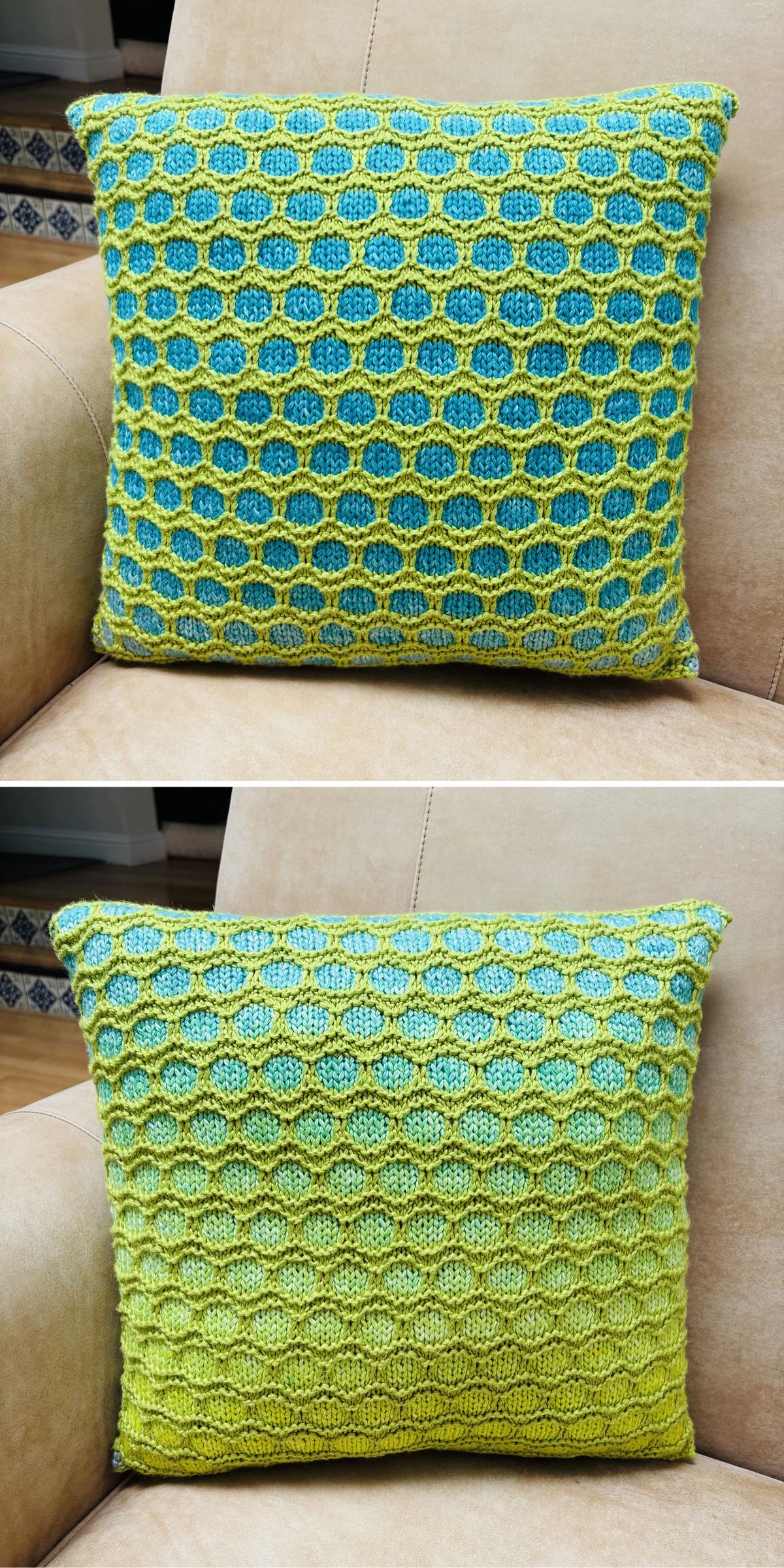 A knitted cushion with a blue and green honeycomb pattern sits on a beige armchair, shown from the front and back views.
