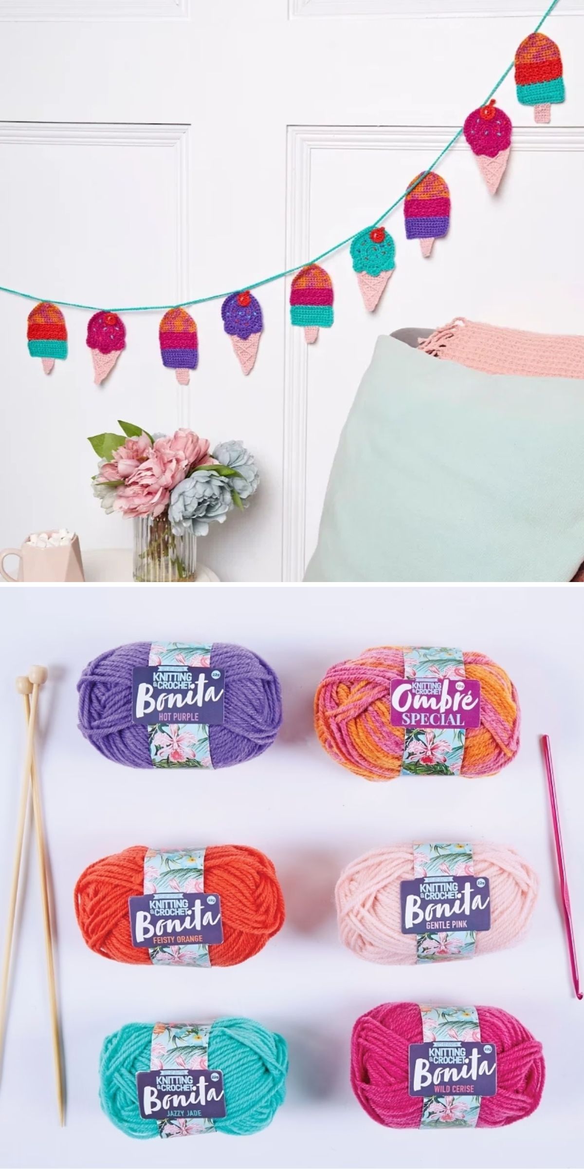 A garland of crocheted ice cream cones hangs on a wall above a sofa, with four colorful yarn skeins and knitting needles displayed below.