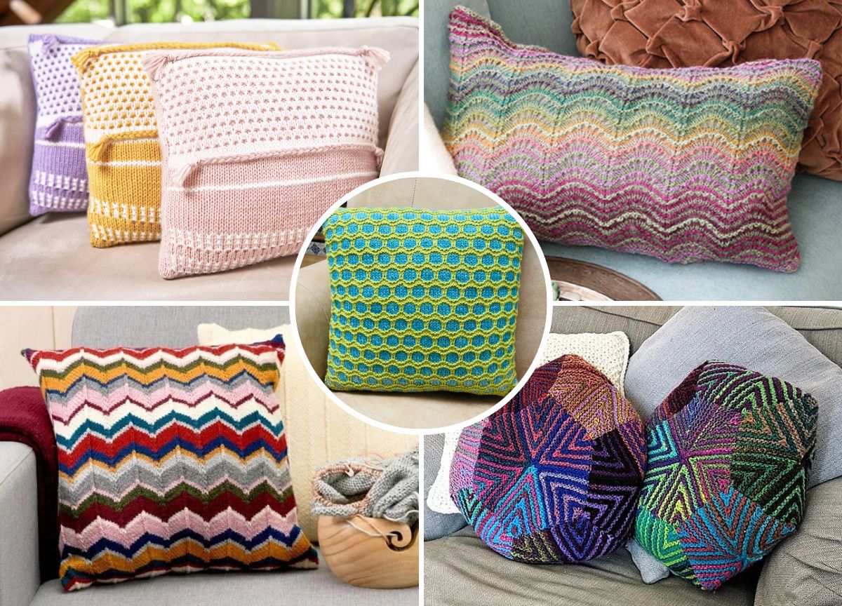 Five photos of knitted pillows in various geometric and colorful patterns, including chevrons, hexagons, stripes, and stripes, displayed on fabric couches and chairs.