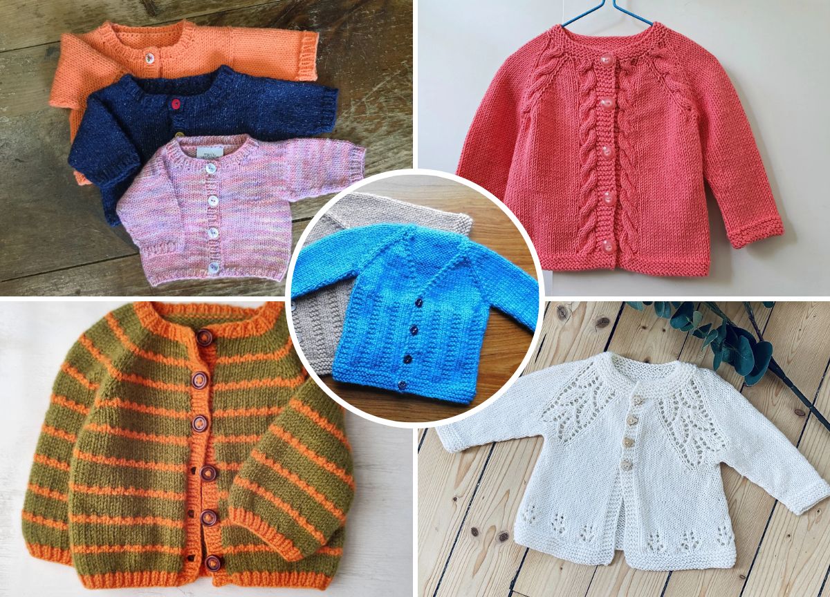 A collage of six hand-knitted baby cardigans in various colors and patterns, displayed on different wooden and fabric backgrounds.