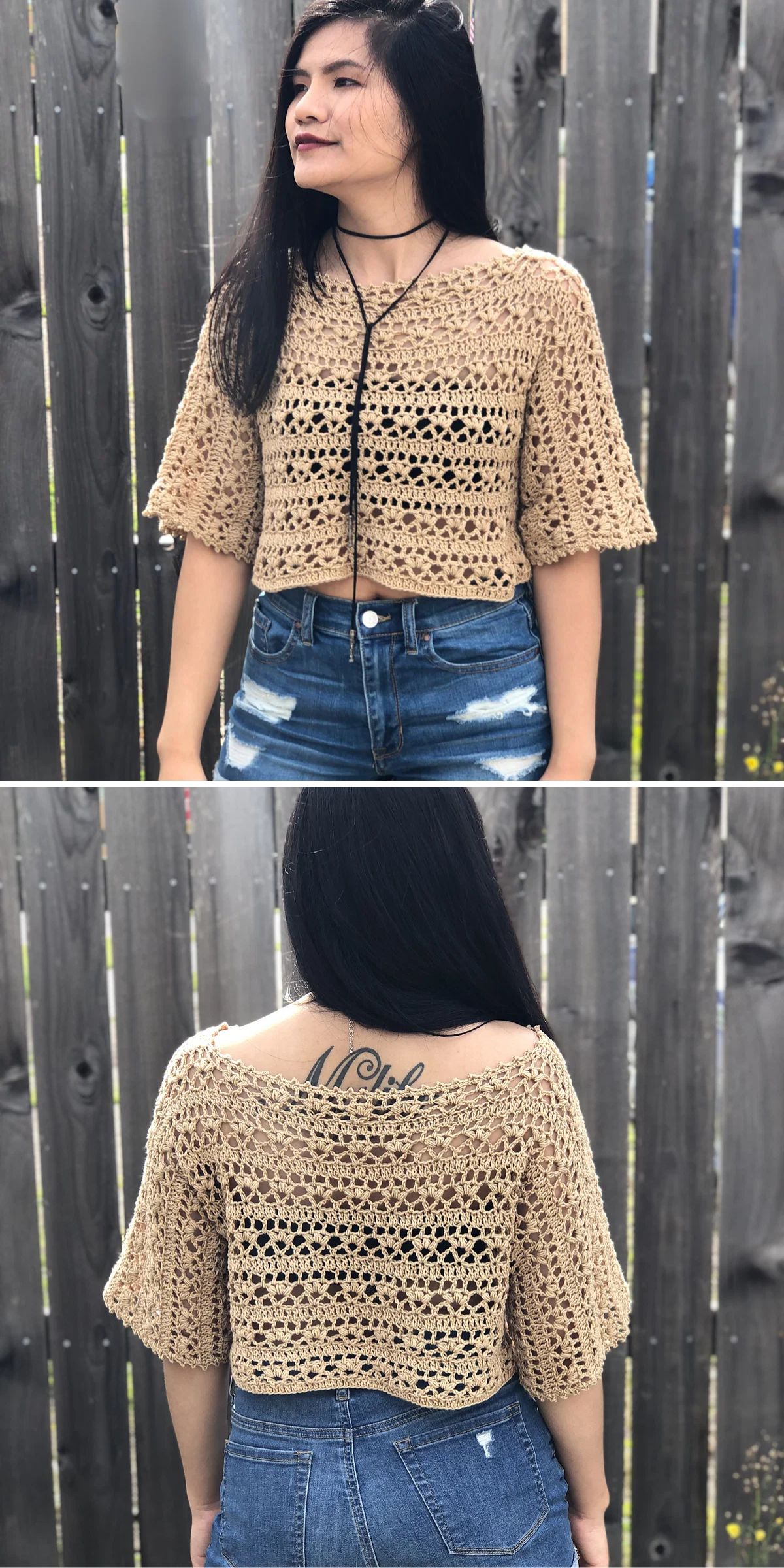 Woman wearing a beige crocheted short-sleeve top and high-waisted distressed jeans, shown from front and back against a wooden fence.