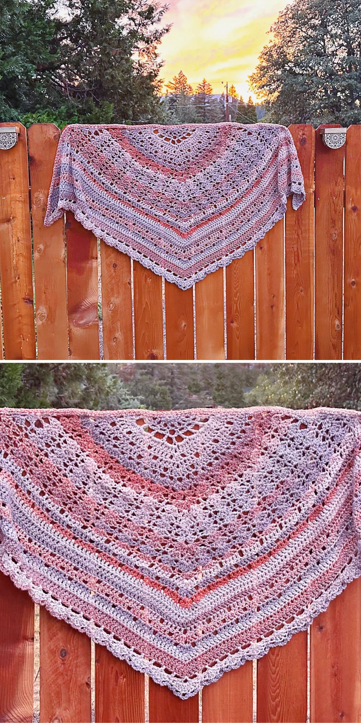 A crocheted triangular shawl in variegated pink and gray tones hangs over a wooden fence with trees and a sunset in the background.