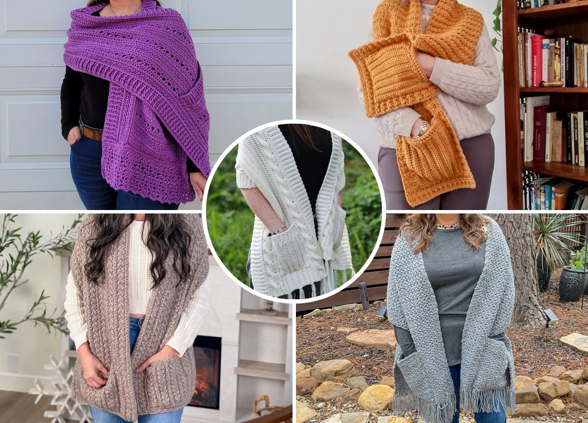 A collage of four women modeling various knitted or crocheted shawls and scarves in different colors and textures, each featuring pockets.
