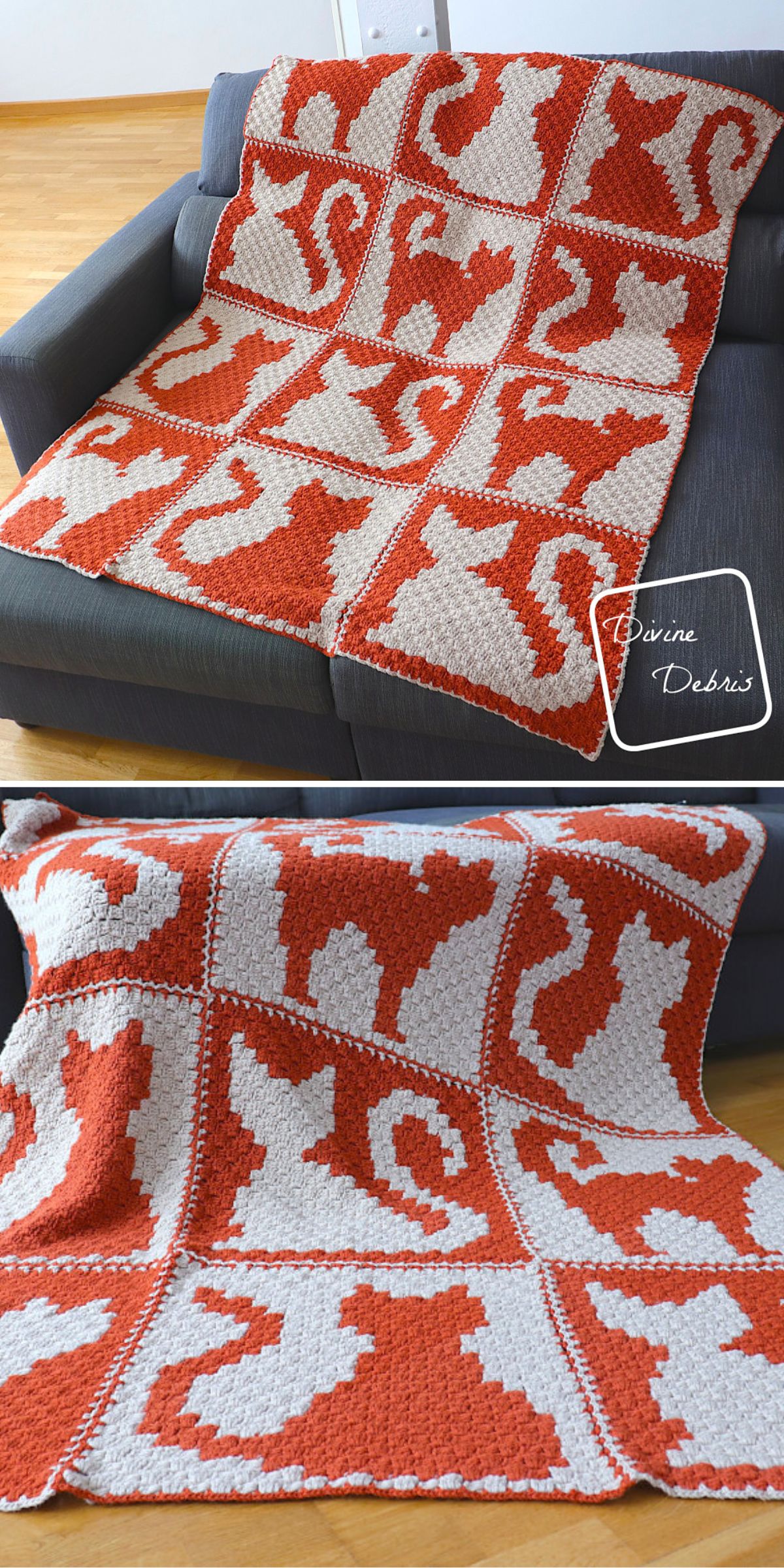 A crocheted blanket with orange and white squares, each featuring a stylized cat silhouette, draped over a gray sofa.