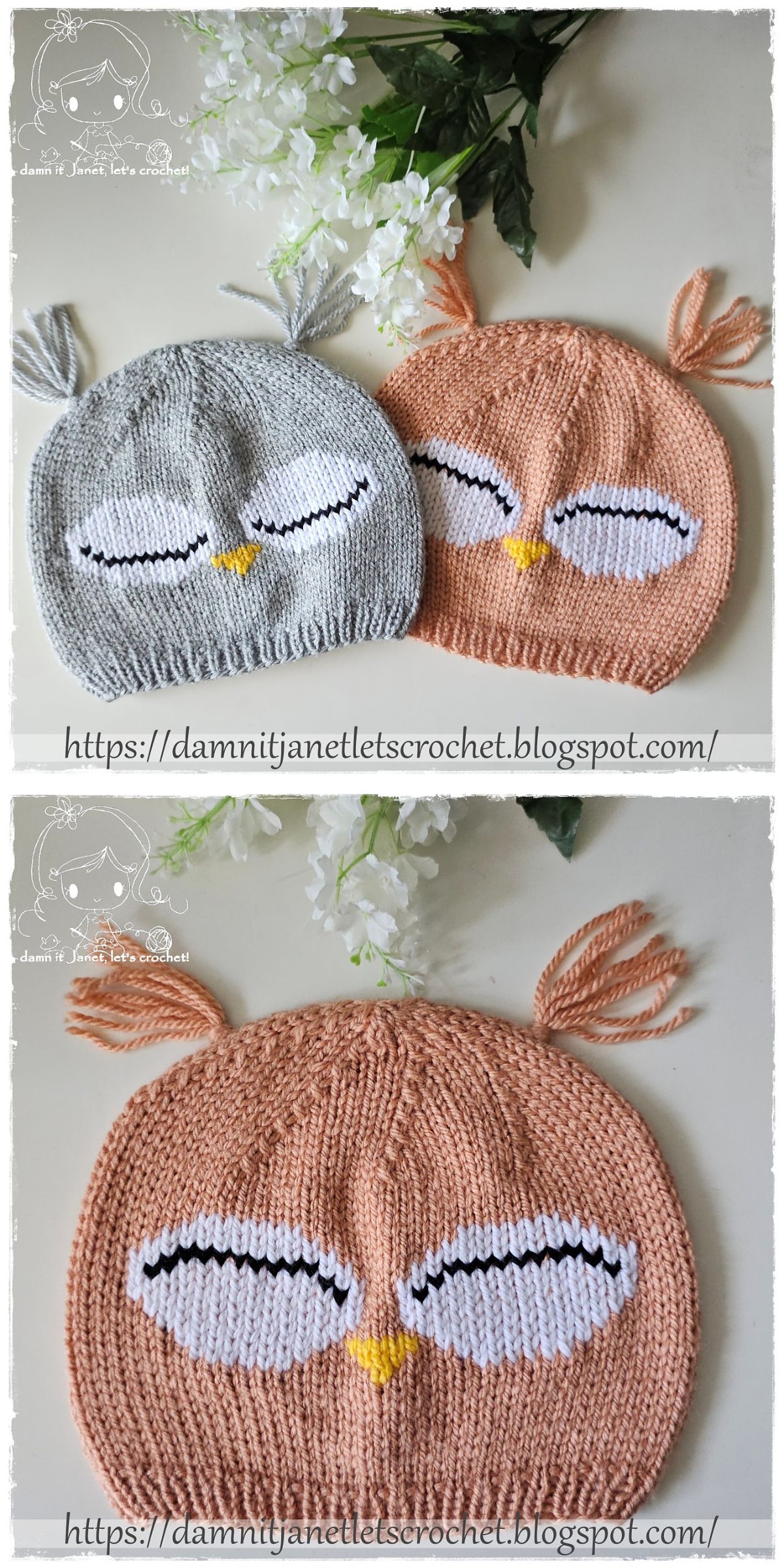 Two knitted hats resembling sleepy owls, one gray and one orange, are displayed on a surface with white flowers. Both hats have closed eyes and small tassels on top.