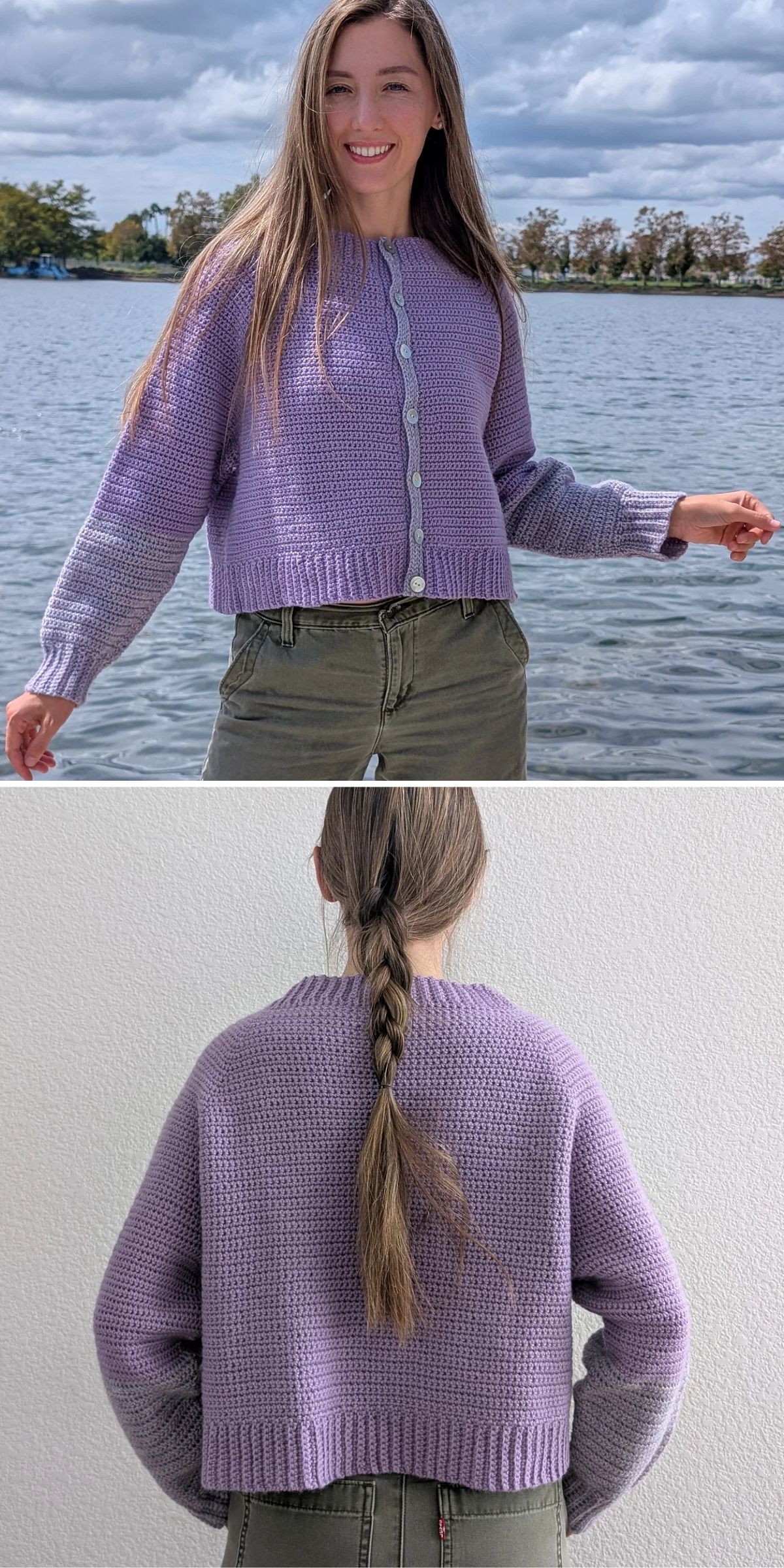 A woman stands by water wearing a lilac knit cardigan with buttons, shown from the front and back. She has long brown hair, braided in the back view.