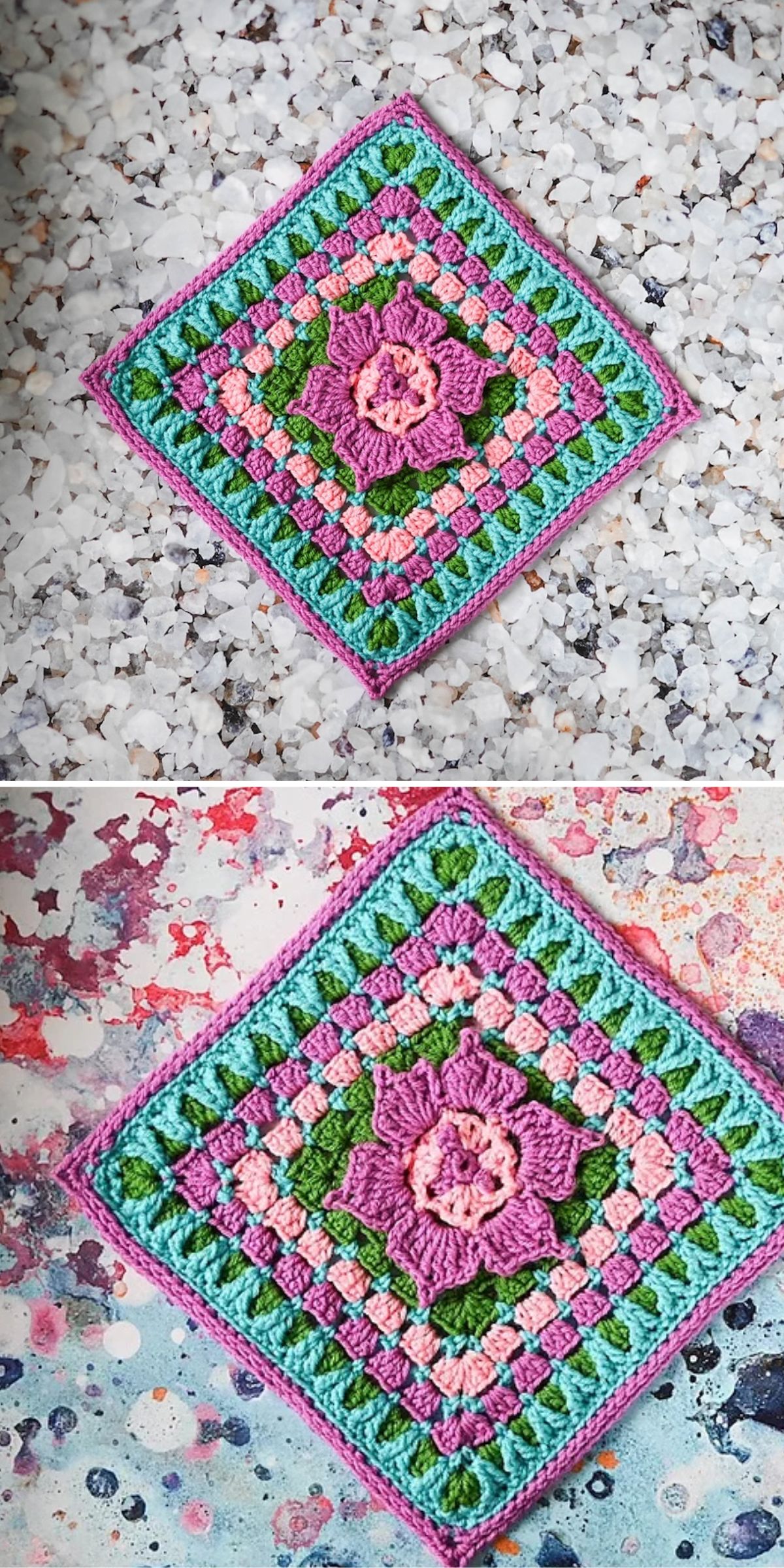 Two photos show a colorful crocheted square with a pink flower center, placed on different speckled backgrounds.