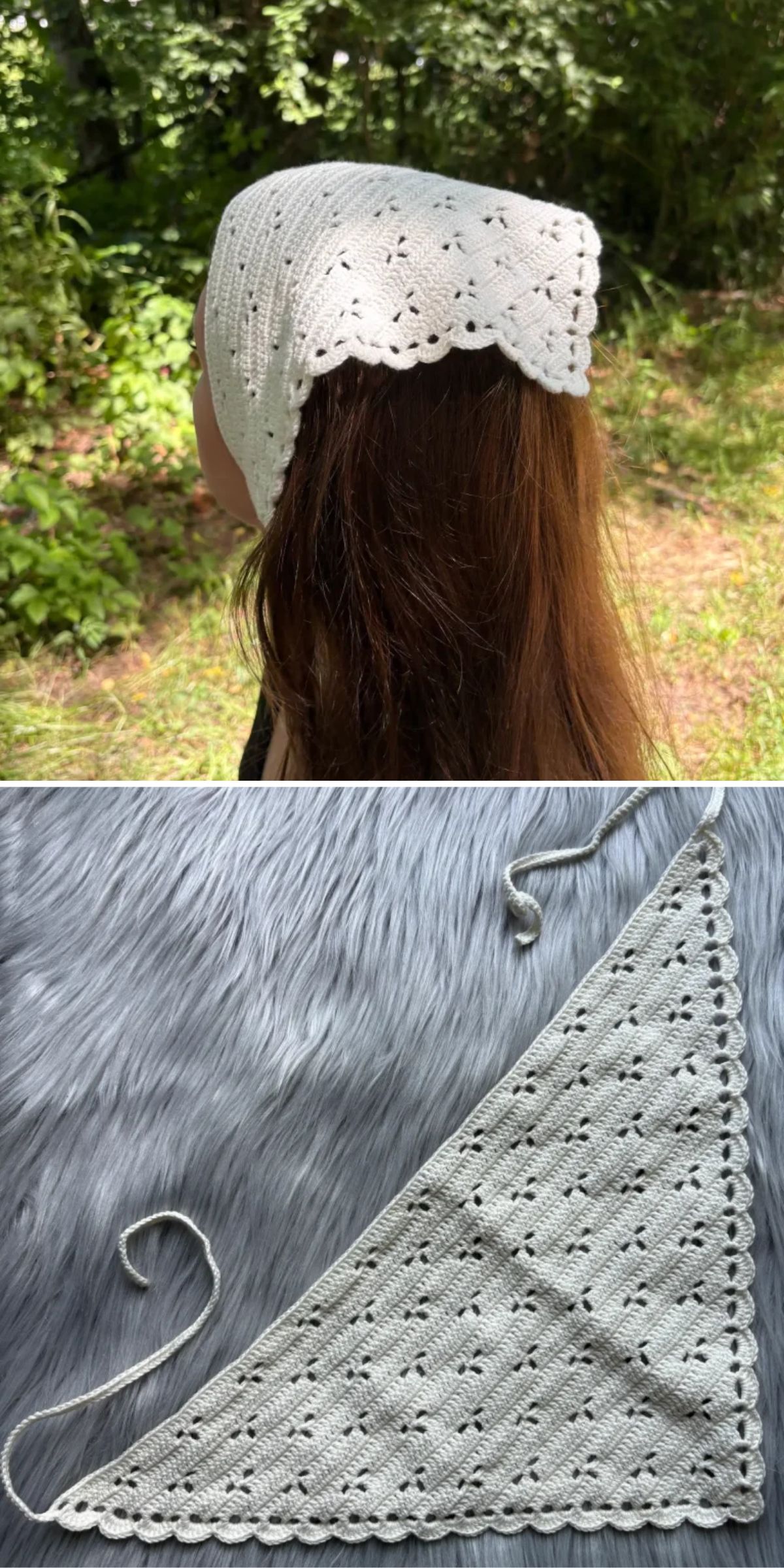 A person wears a white, crocheted, triangular kerchief with scalloped edges; second image shows the kerchief laid flat on a gray surface.