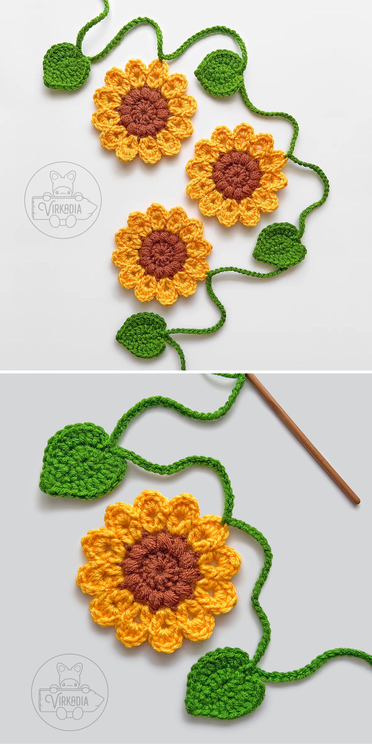 Three crocheted sunflowers with green leaves on stems are arranged on a flat surface in the top image; the bottom image shows one crocheted sunflower with a stem and leaves next to a crochet hook.