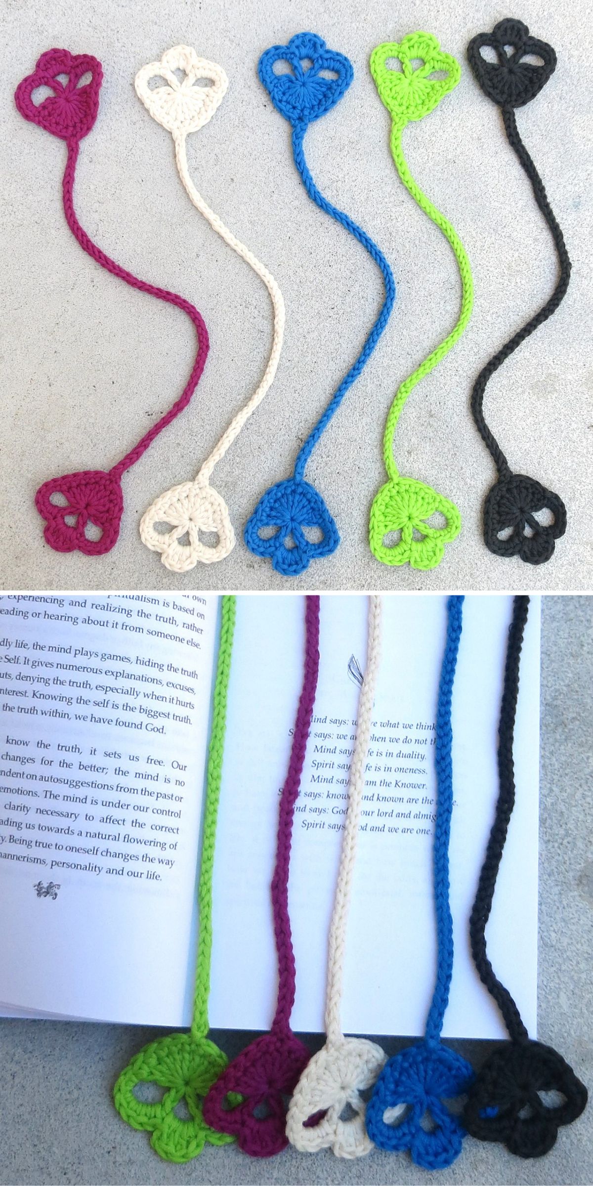 Five crocheted heart-shaped bookmarks in different colors are displayed on a flat surface and placed in books, showing both their design and use.