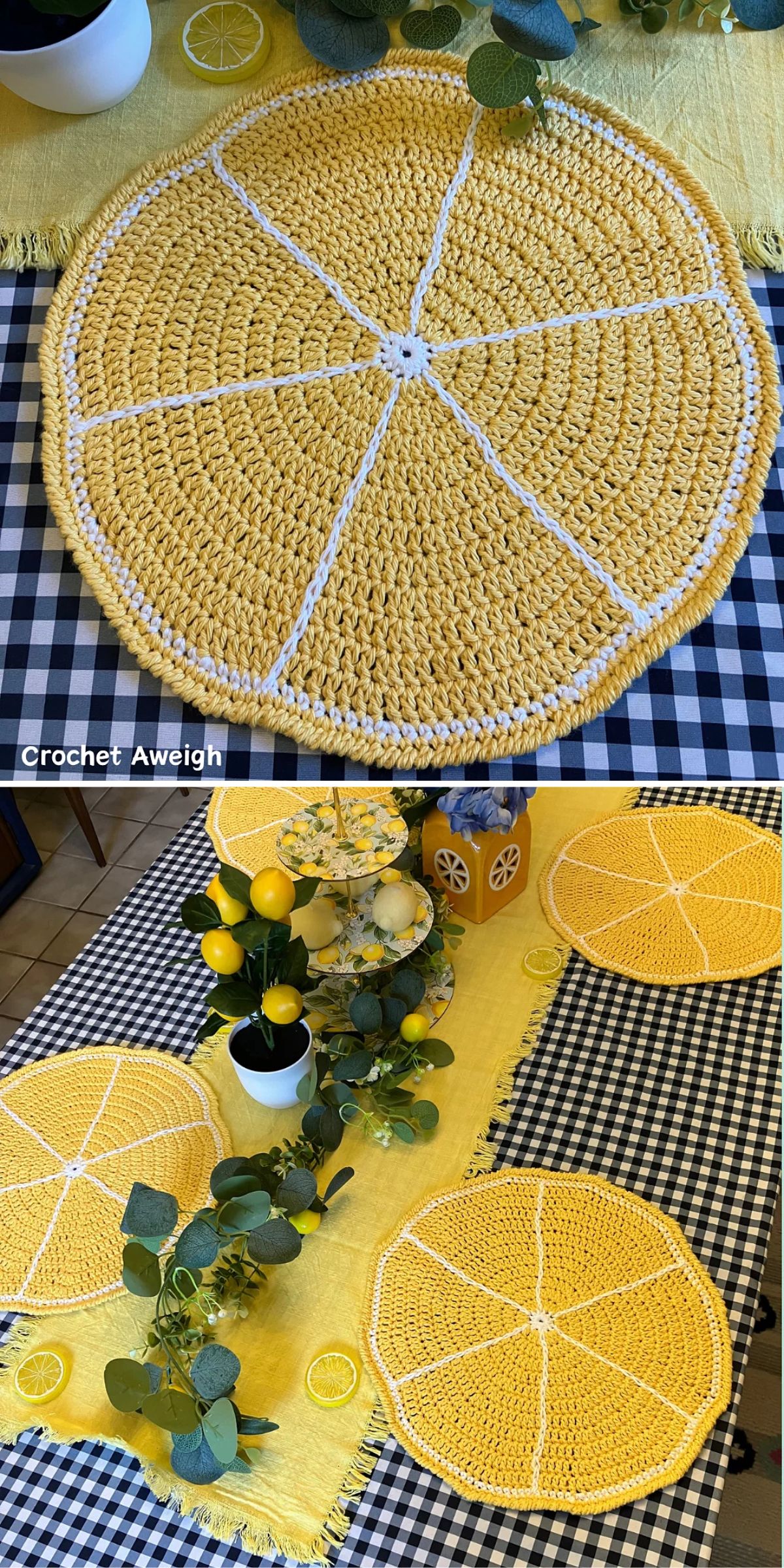 Yellow crochet placemats resembling lemon slices are arranged on a black-and-white checkered tablecloth with decorative greenery and lemons.