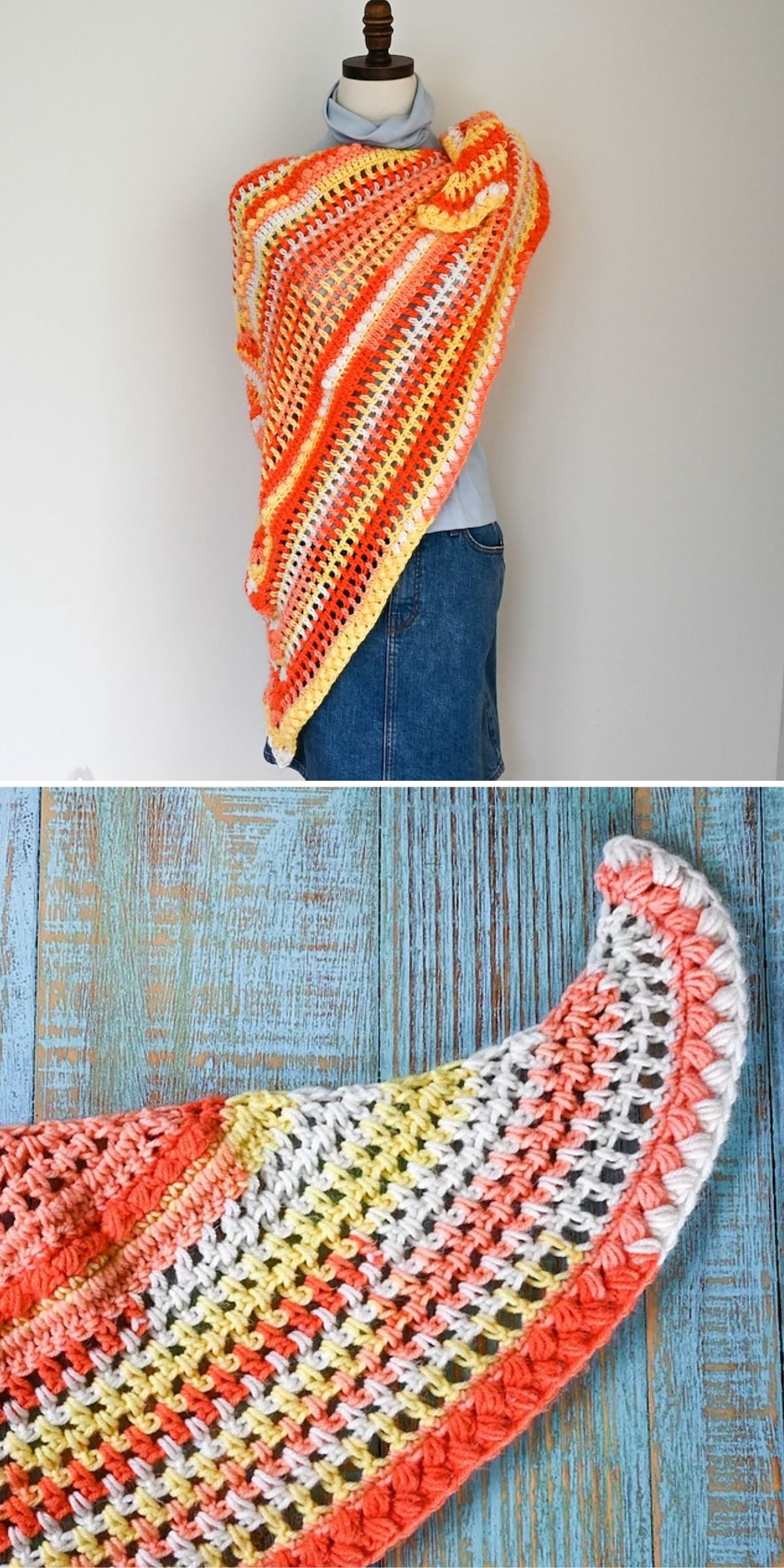A mannequin draped in a colorful crochet shawl; close-up shows orange, yellow, white, and red stripes with an open, airy stitch pattern on a blue wood surface.