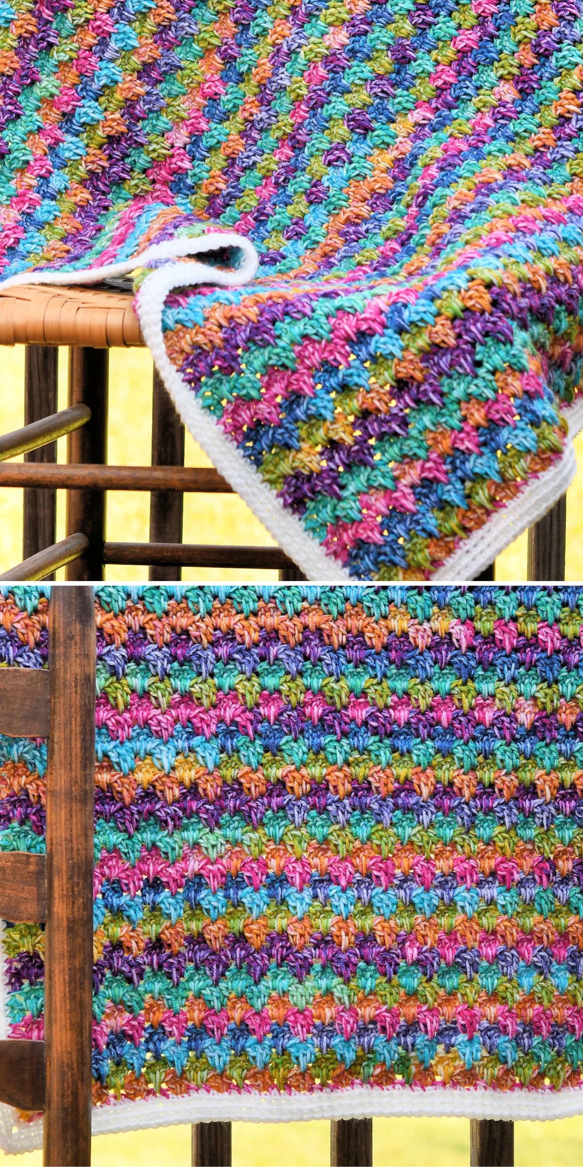 A colorful crocheted blanket with a vibrant, multicolored pattern is draped over a wooden chair and shown in close-up detail.