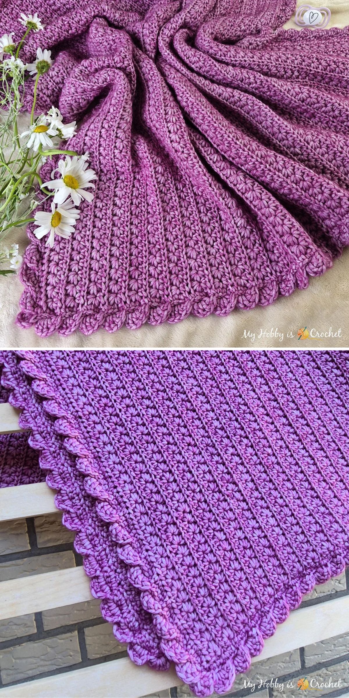 A textured, purple crocheted blanket with a scalloped edge is displayed, decorated with daisies in one image and folded neatly in the other.