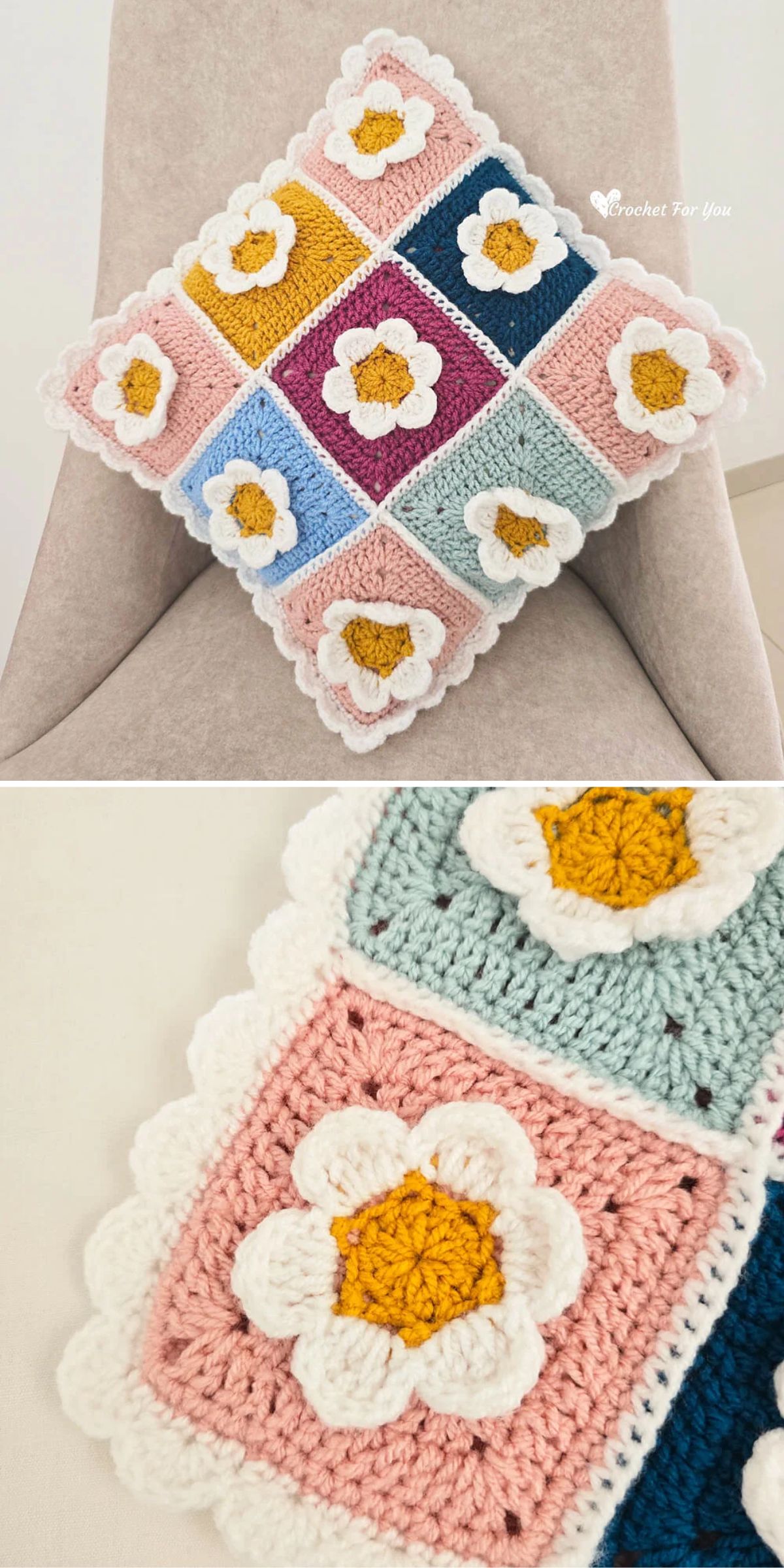 A crocheted pillow with multicolored squares, each featuring a white flower with a yellow center, is shown on a chair. Close-up highlights the detailed stitching of the flower motif.