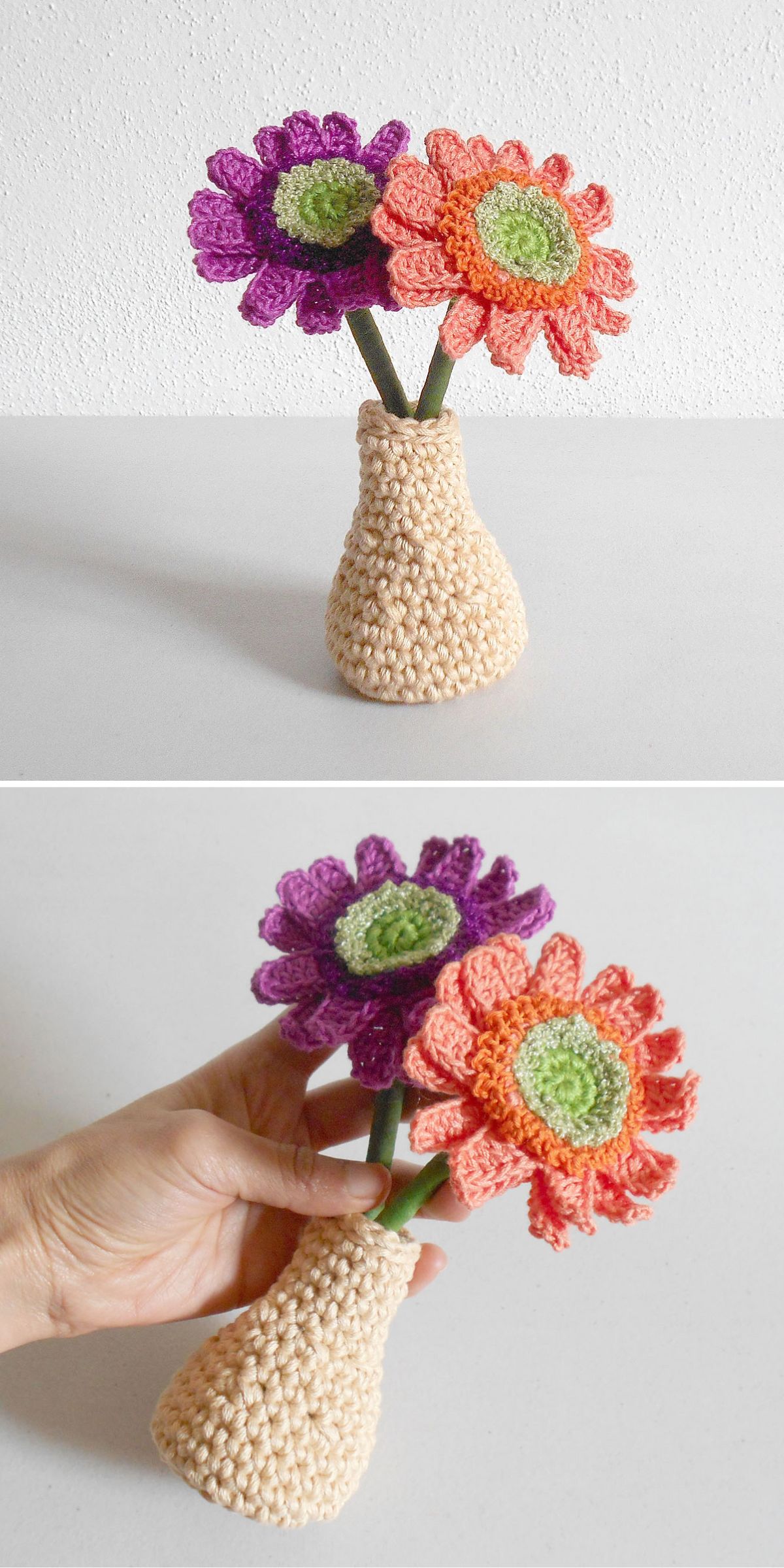 Two photos show crocheted flowers in purple and orange shades with green centers arranged in a crocheted beige vase; a hand holds the vase in the lower image.