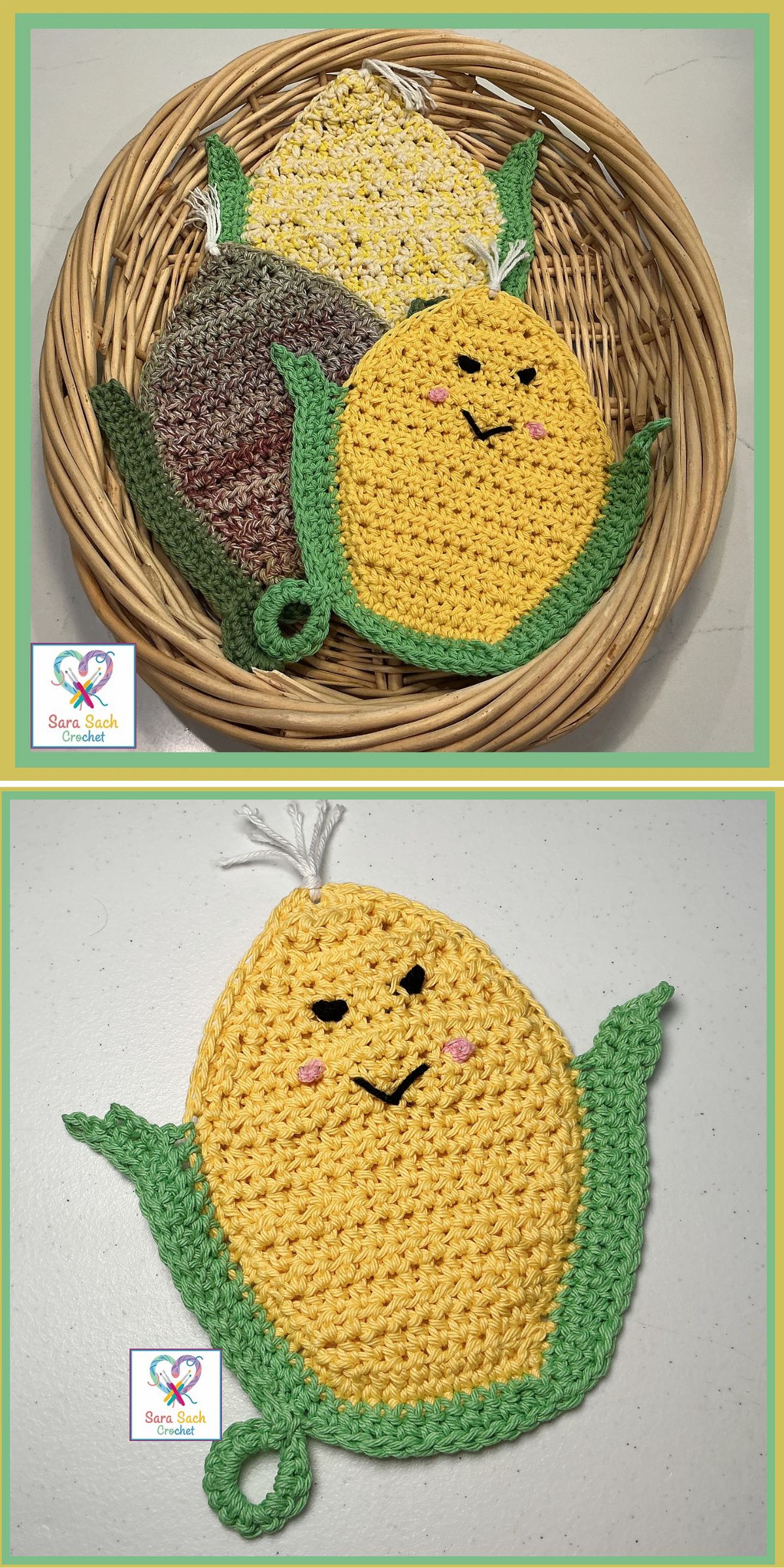 Two crocheted corn-themed potholders with green husks and smiling faces, placed in a wicker basket and displayed on a white surface.
