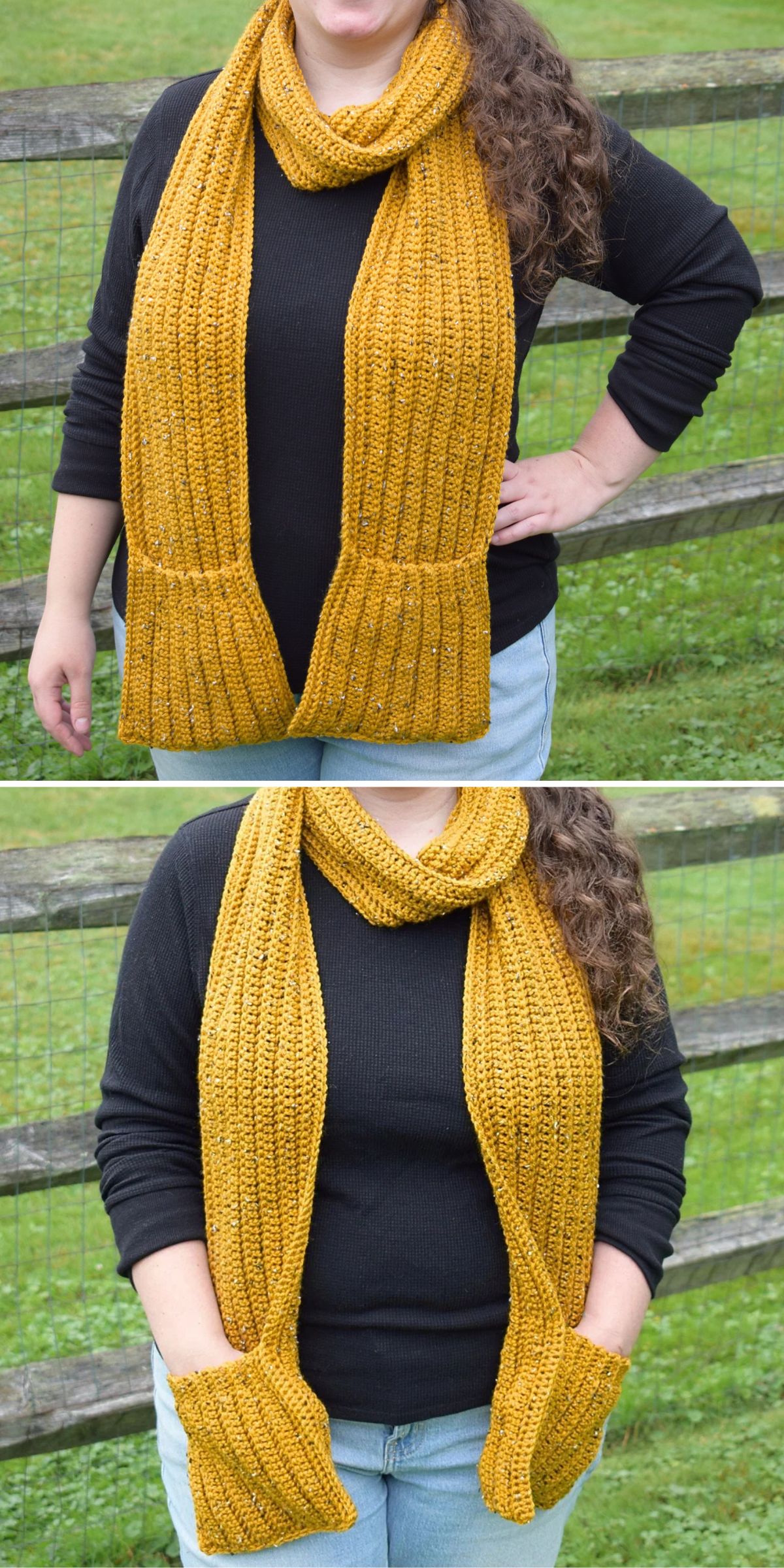 A person wearing a yellow knit scarf with built-in pockets, shown standing outdoors in front of a wooden fence.
