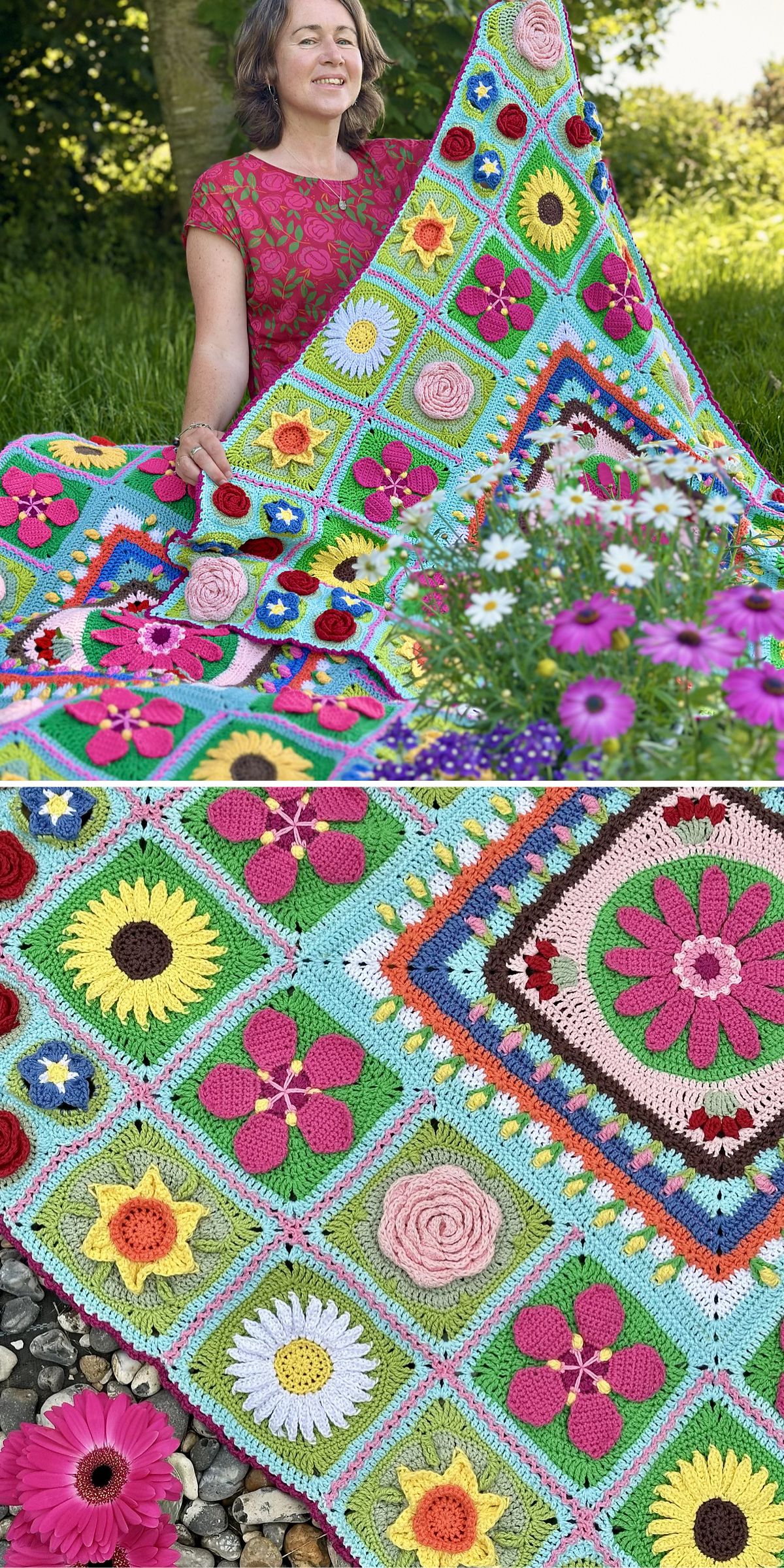 A person holds a large, colorful crochet blanket with various flower patterns, sitting outdoors near blooming flowers.