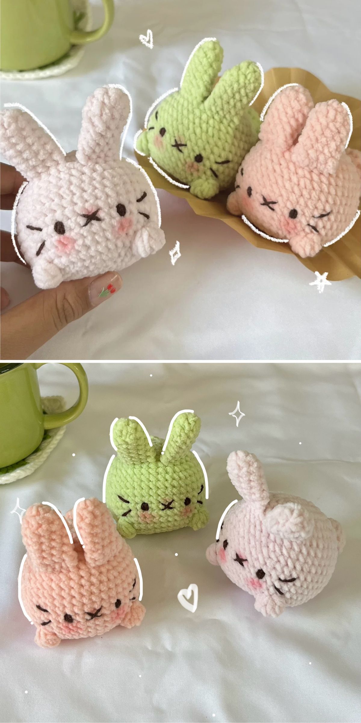 Four crocheted bunny plush toys in pastel green and pink are displayed on a white surface, with two in each photo. Hand-drawn accents and a green cup appear in the background.