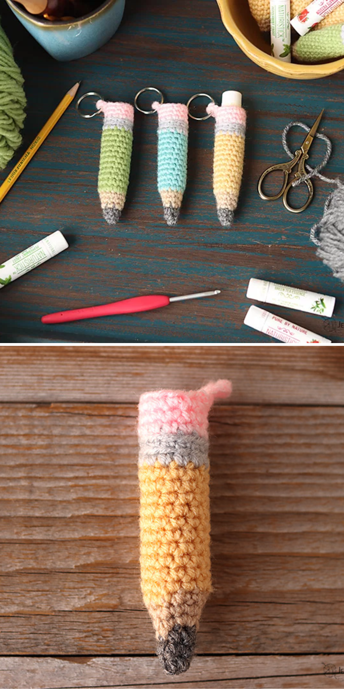 Crocheted chapstick holders shaped like pencils are shown, with three on keychains and one held alone, surrounded by yarn, scissors, and crochet tools.