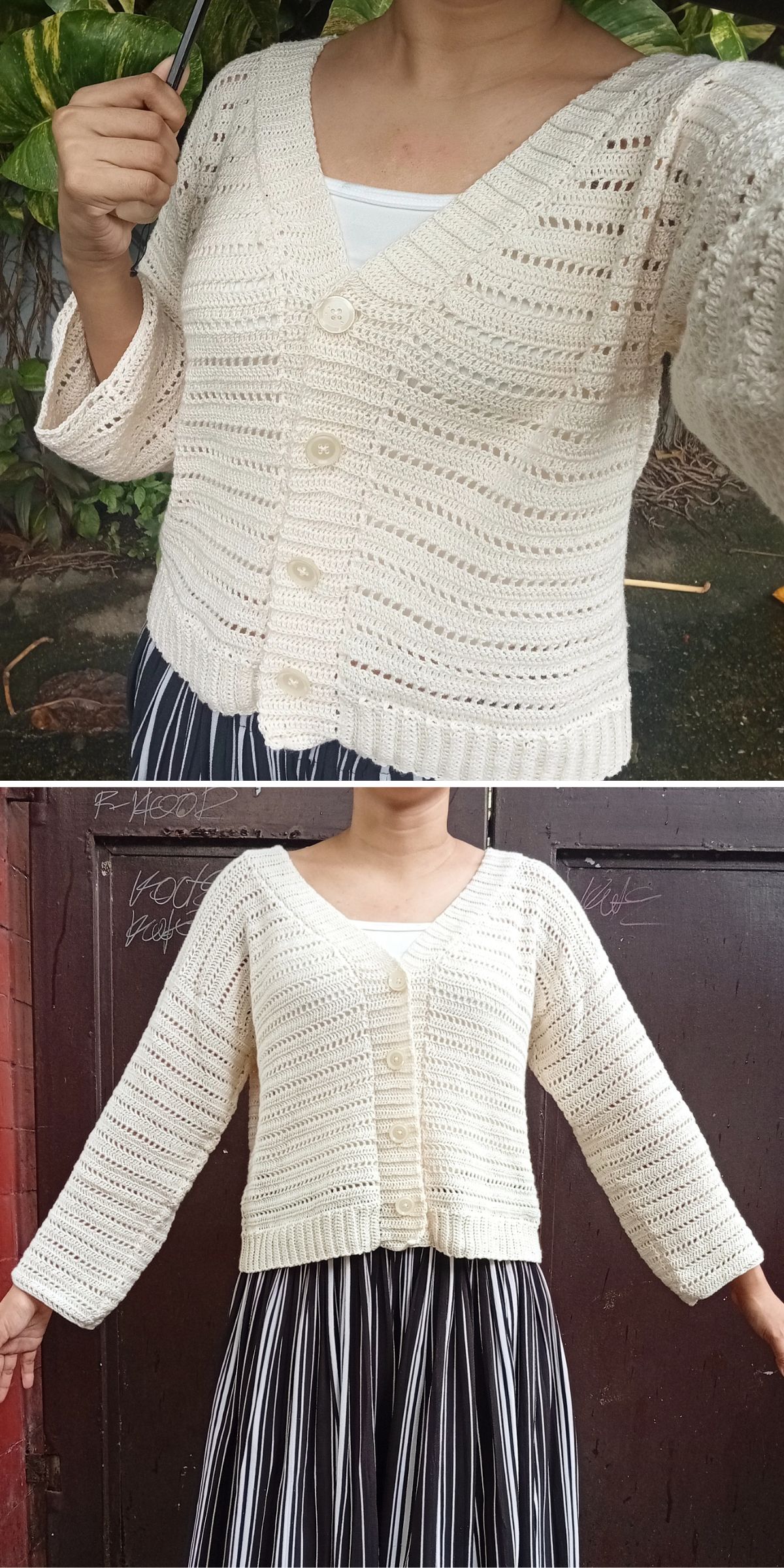 A person models a cream-colored, crocheted button-up cardigan over a white top and a black-and-white striped skirt, shown from front view in two different arm positions.