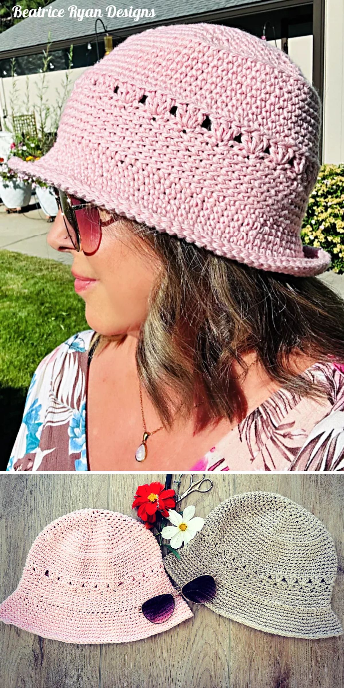 A woman wears a pink crocheted sun hat with sunglasses. Below are two crocheted hats, one pink and one beige, displayed with artificial flowers and sunglasses on a wooden surface.
