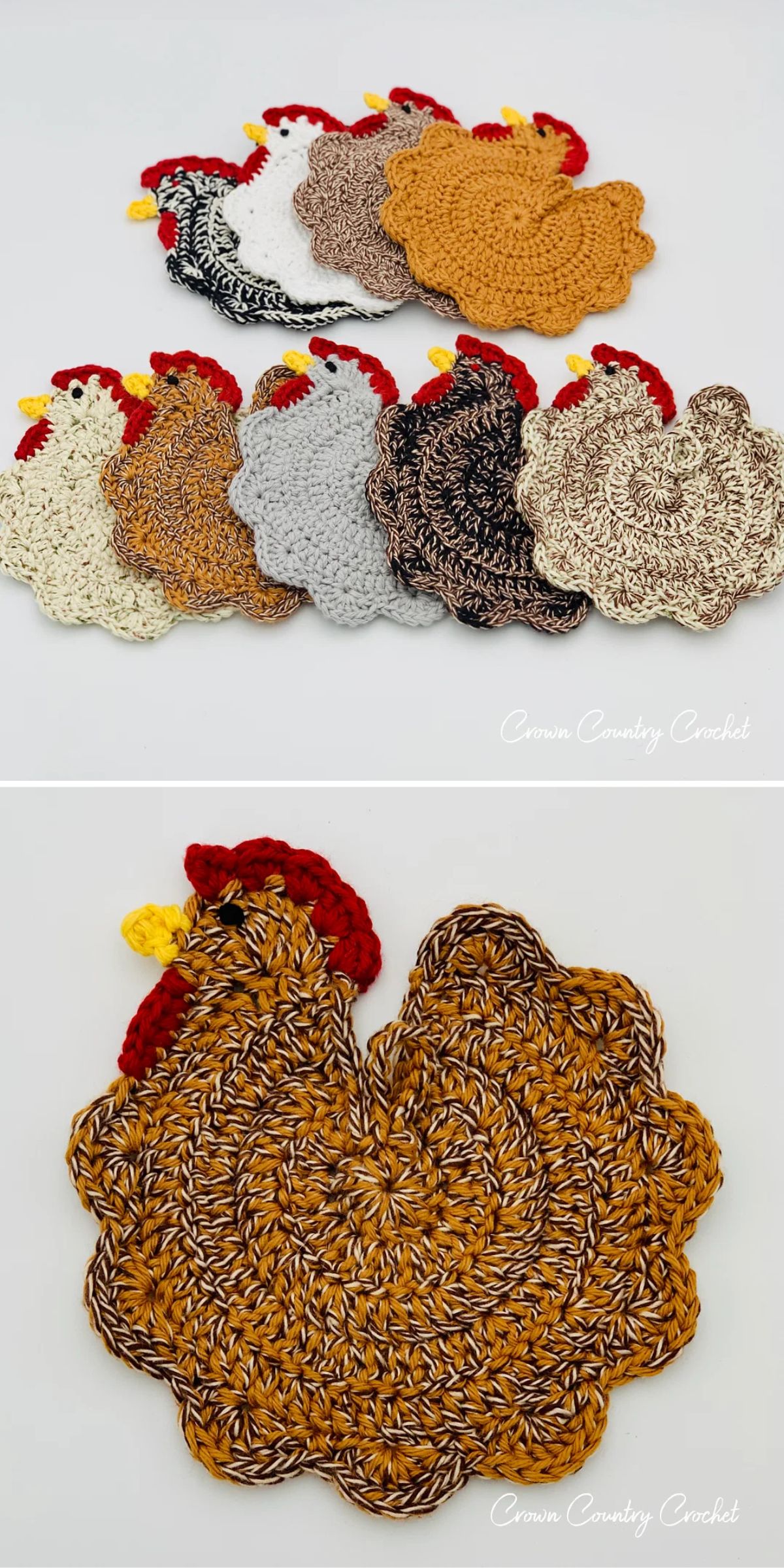 Crocheted chicken-shaped coasters in various colors are arranged in a row in the top image; a close-up of one coaster is shown in the bottom image.