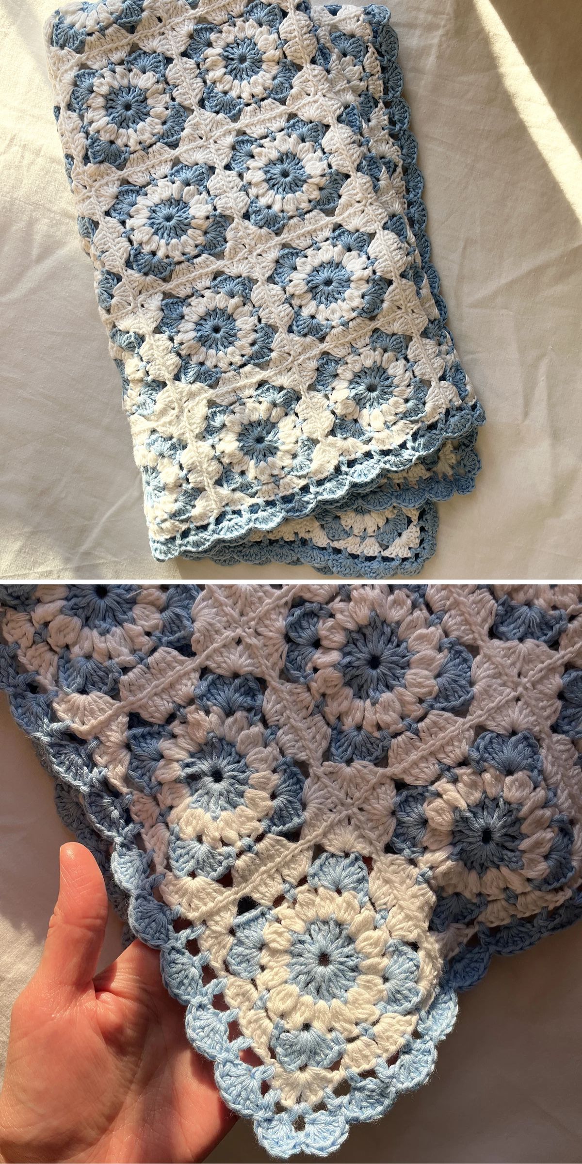 A folded crochet blanket in blue and white with a flower motif pattern, shown in full and in detail with a hand holding one corner.