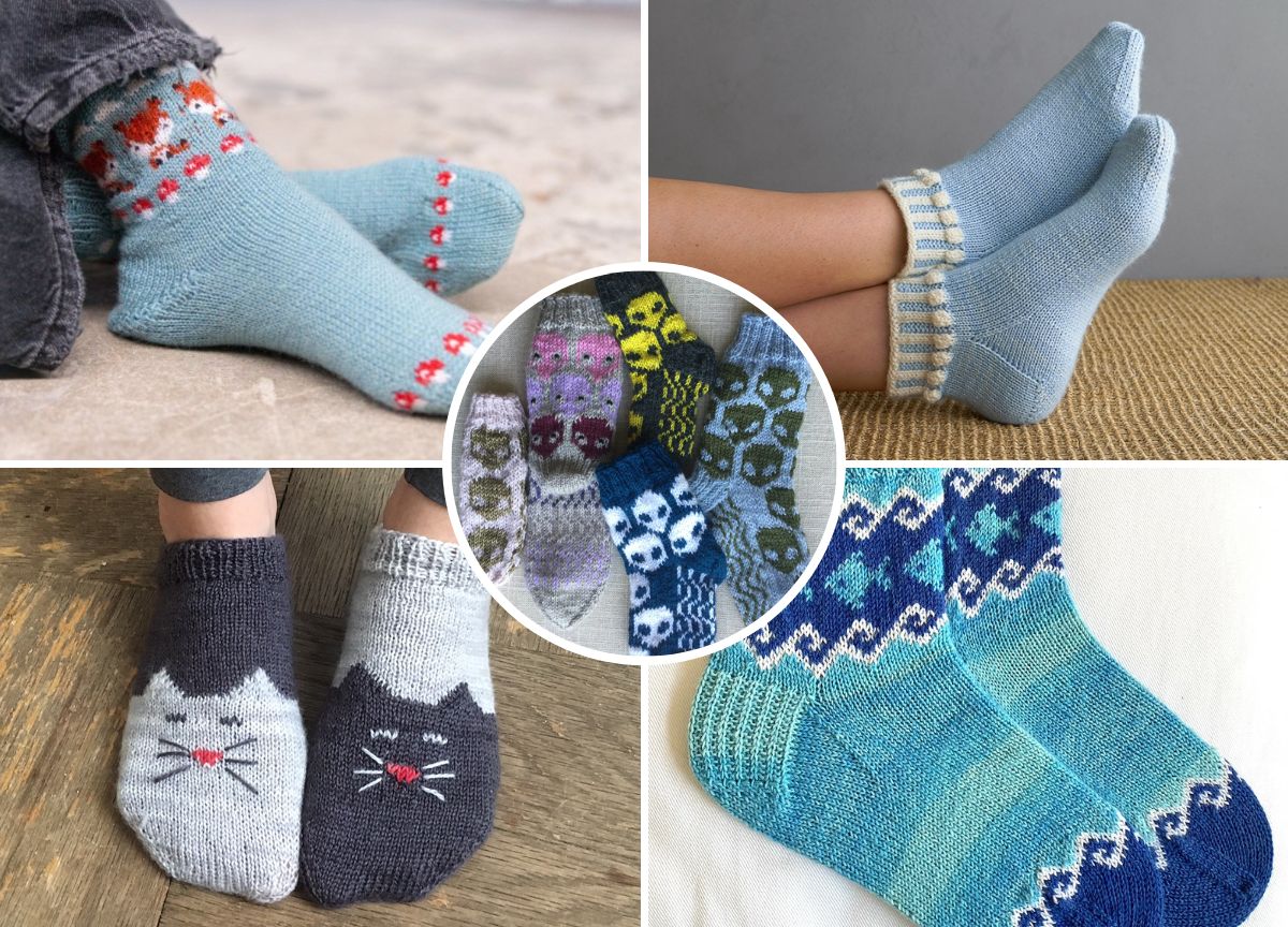 A collage of five images showing various hand-knitted socks with different patterns, including cats, skulls, flowers, and geometric designs in multiple colors.
