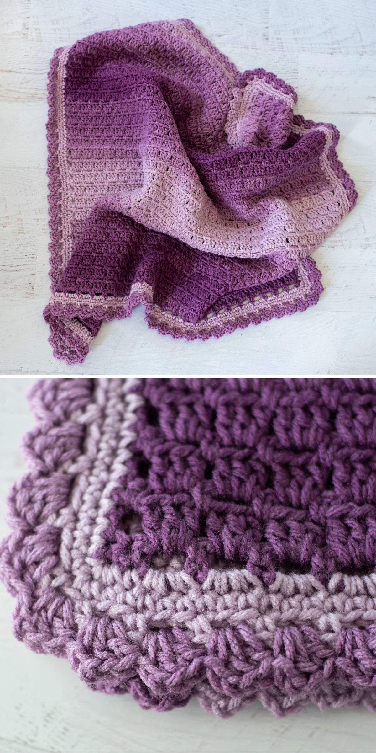 Two images show a purple crocheted blanket with a scalloped border in lighter yarn. The close-up highlights the textured stitch pattern and color variations.