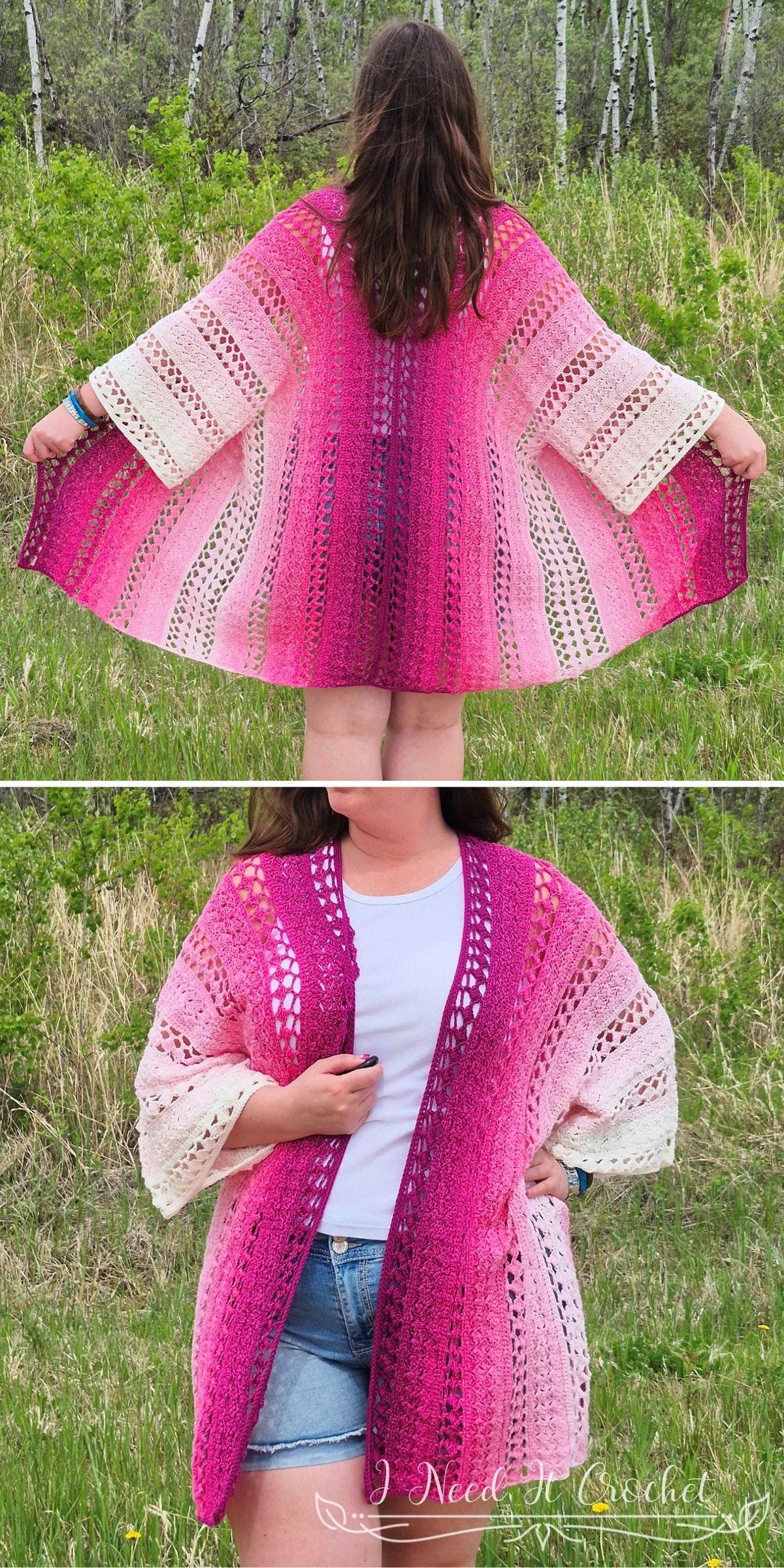 A person outdoors wears a pink and white crochet cardigan with wide sleeves, shown from the back with arms spread and from the front with one hand holding the edge.